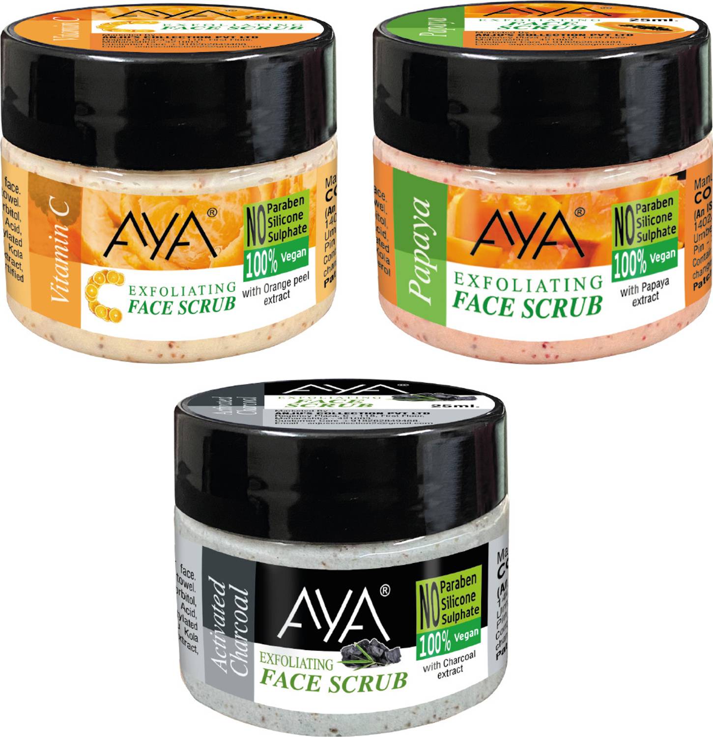 AYA Face Scrub VItamin C, Papaya, Charcoal (Pack of 3) (25 ml+25ml+25ml) Scrub
