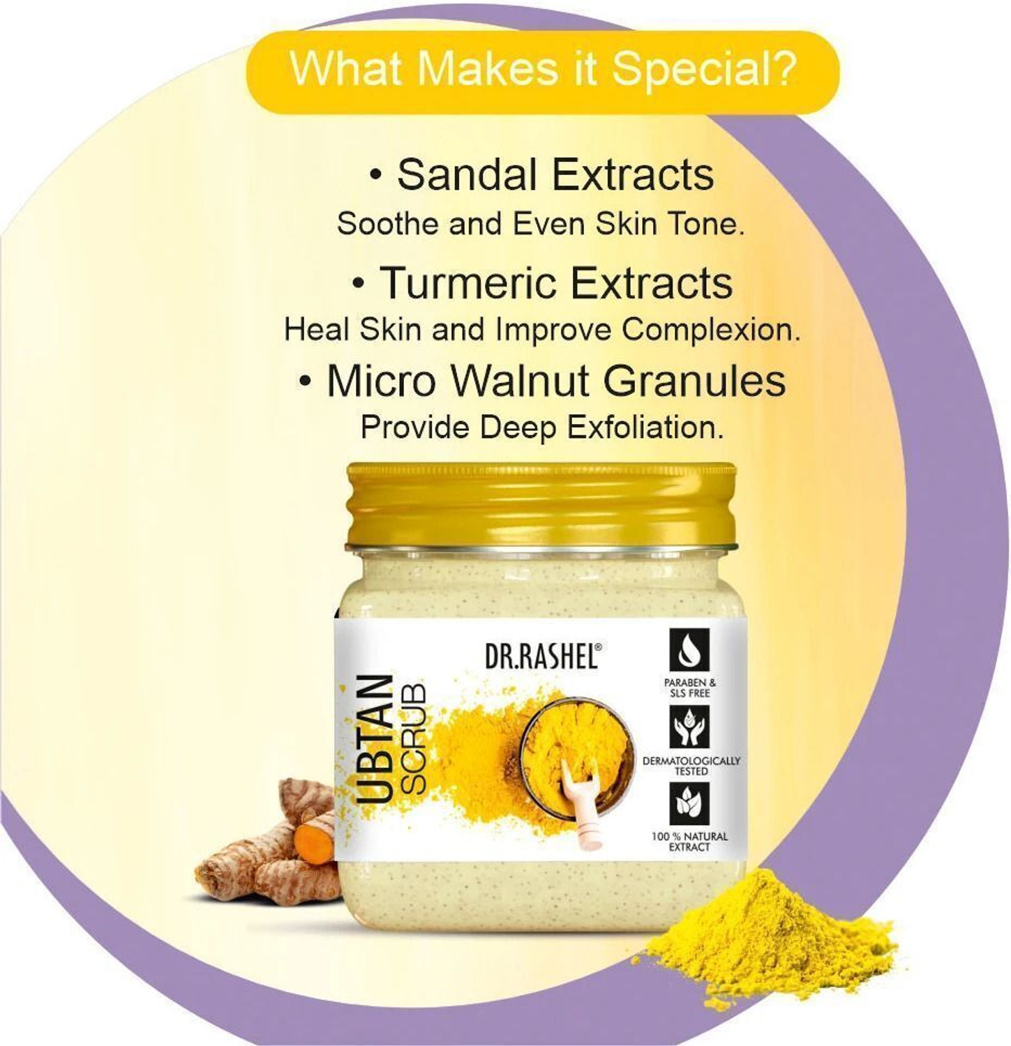 Image of DR.RASHEL Ubtan Scrub For Face & Body with Sandal, Saffron & Turmeric | Tan Removal Scrub
