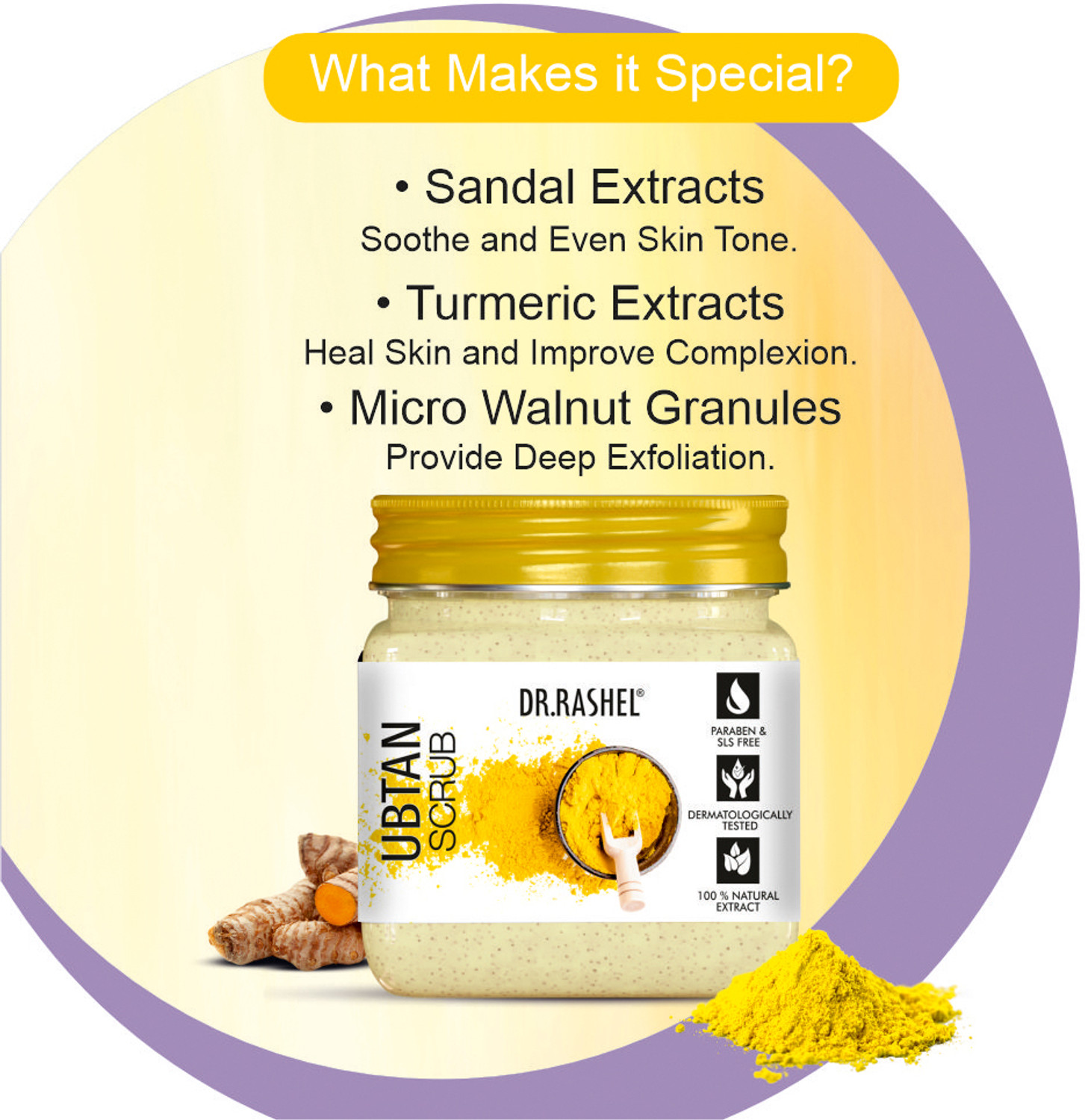 Image of DR.RASHEL Ubtan Scrub For Face & Body with Sandal, Saffron & Turmeric | Tan Removal Scrub