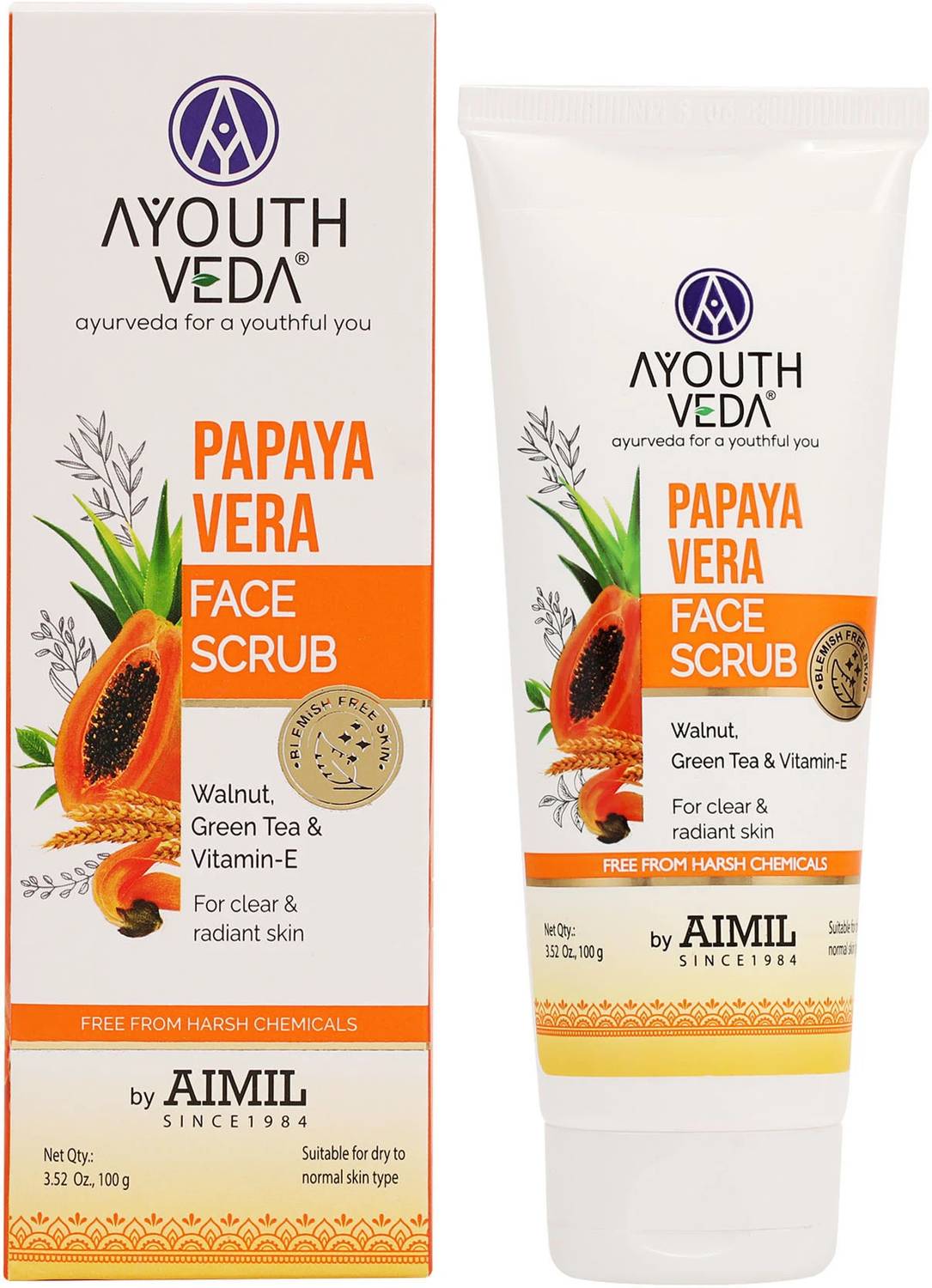 AYOUTHVEDA Papaya Vera Face Scrub With Walnuts, Green Tea & Vitamin-E For Radiant Skin Scrub