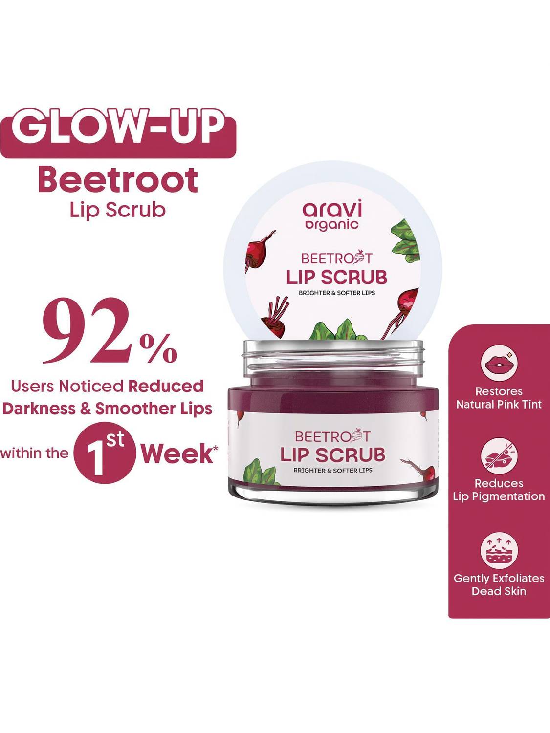 Aravi Organic Beetroot Lip Scrub with Shea Butter for Dark, Chapped, Pigmented & Brightening Scrub