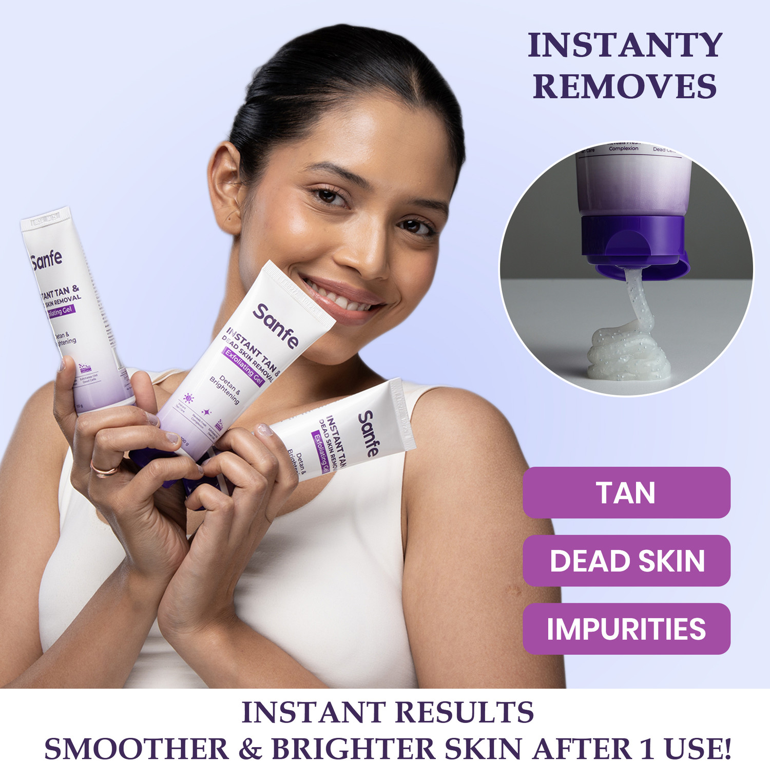 Image of Sanfe Instant Tan & Dead Skin Removal Gel 100gm | Gentle De Tan & Exfoliating Gel Scrub