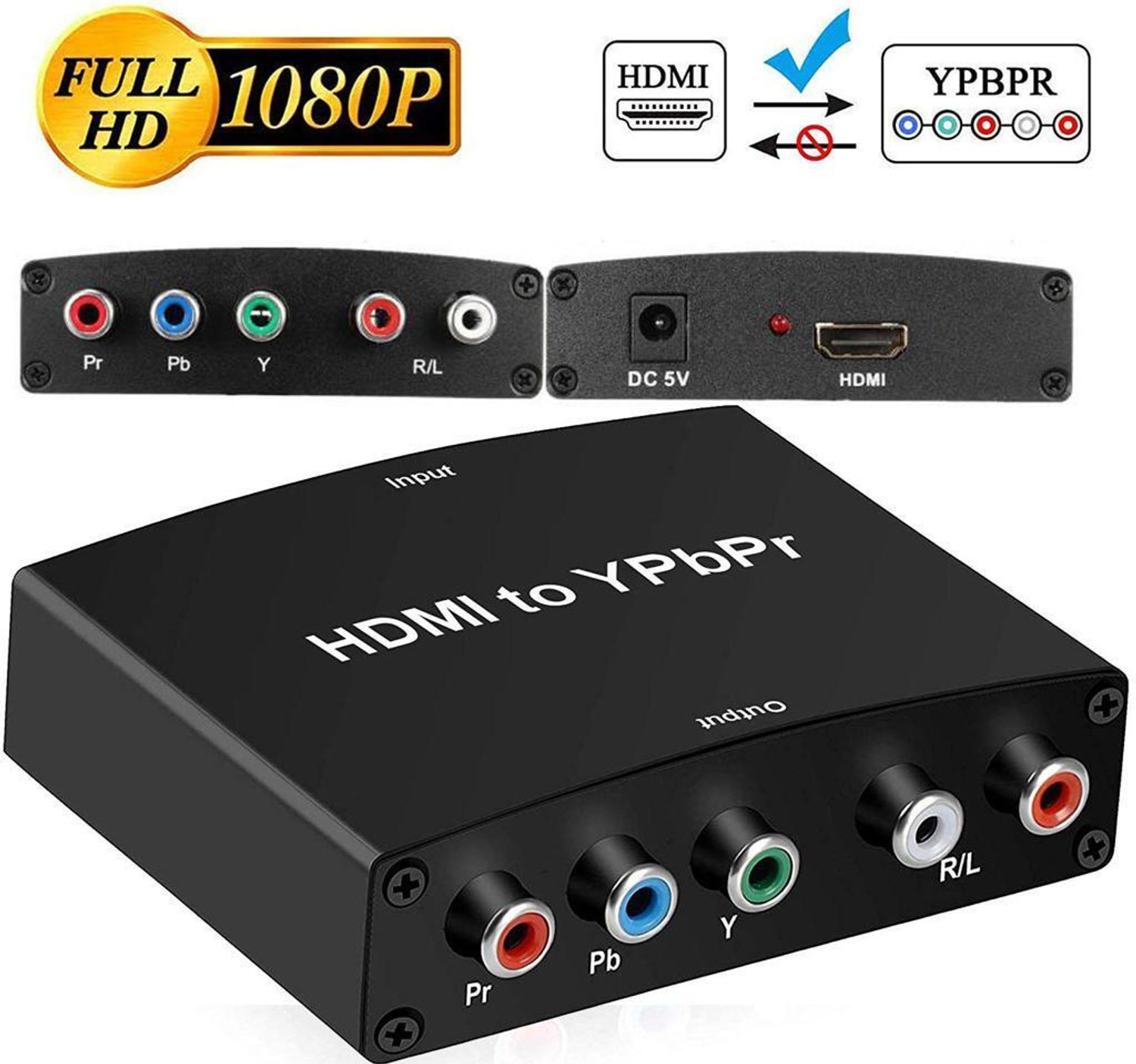 Image of microware HD 1080P HDMI to 5 RCA RGB Component YPbPr Video R /L Audio Converter Adapter Media Streaming Device (Black)