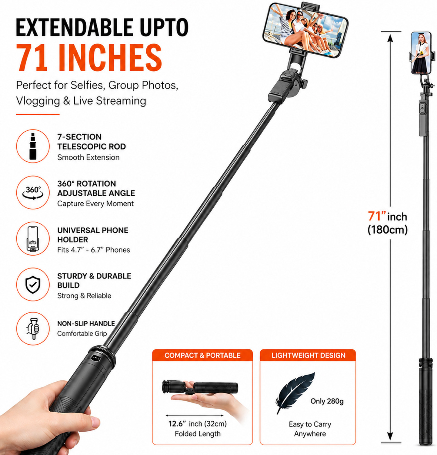 Image of SB Q180 Selfie Stick with Tripod Stand and Bluetooth Remote, 360 Rotating Mobile Holder, 4 Leg Stable Selfie Stick for iPhone Android Phones, Long Extendable Vlogging Stand, Portable Camera Tripod for Reels, Live Streaming, Video Recording, YouTube, Travel, Photography and Content Creator Setup Bluetooth Selfie Stick (Black, Remote Included)