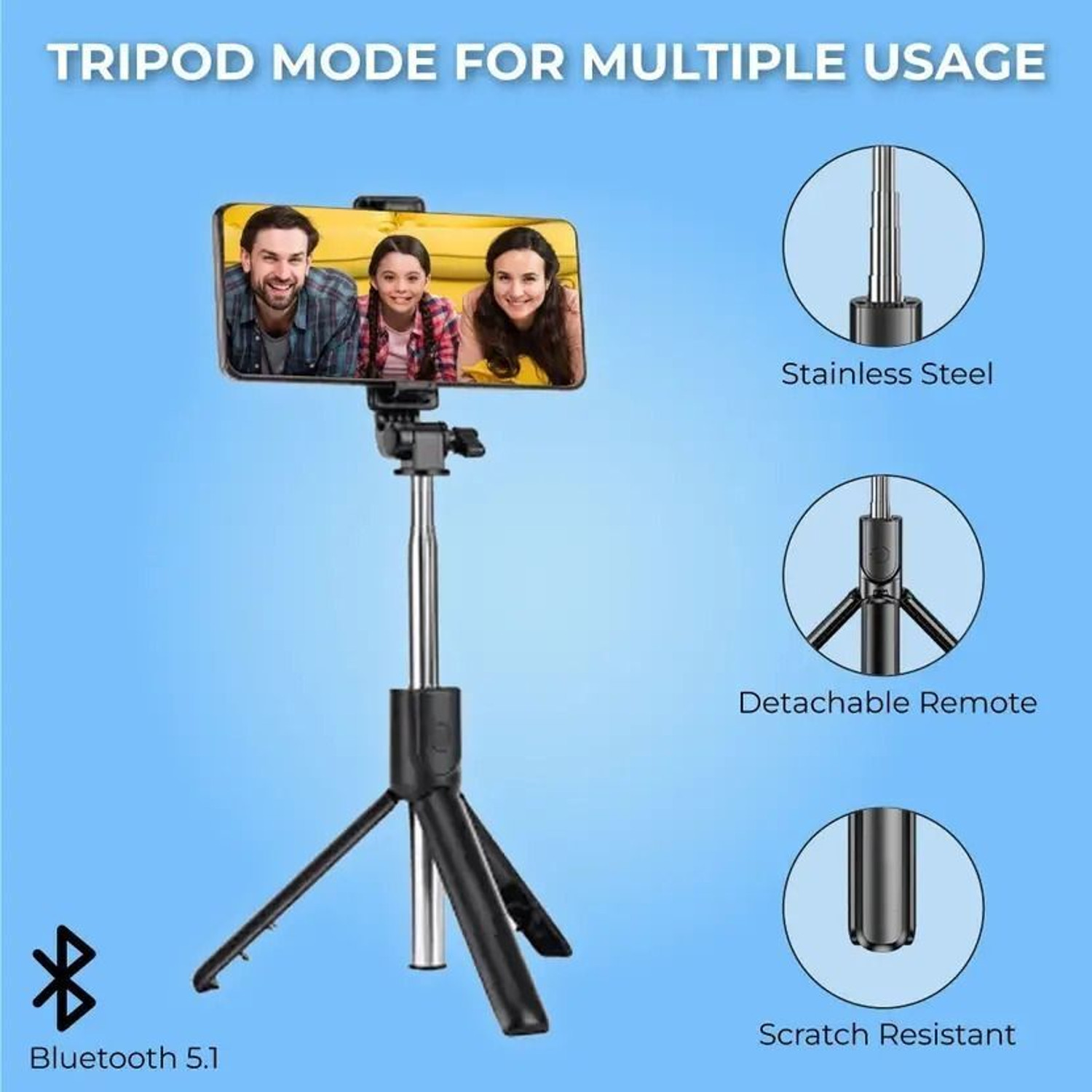 Image of Flipkart SmartBuy R1 Bluetooth Selfie Stick with Remote, 3-in-1 Multifunctional Selfie Stick, Tripod, Monopod Stand & Mobile Stand Compatible with All Mobile Phones Bluetooth Selfie Stick