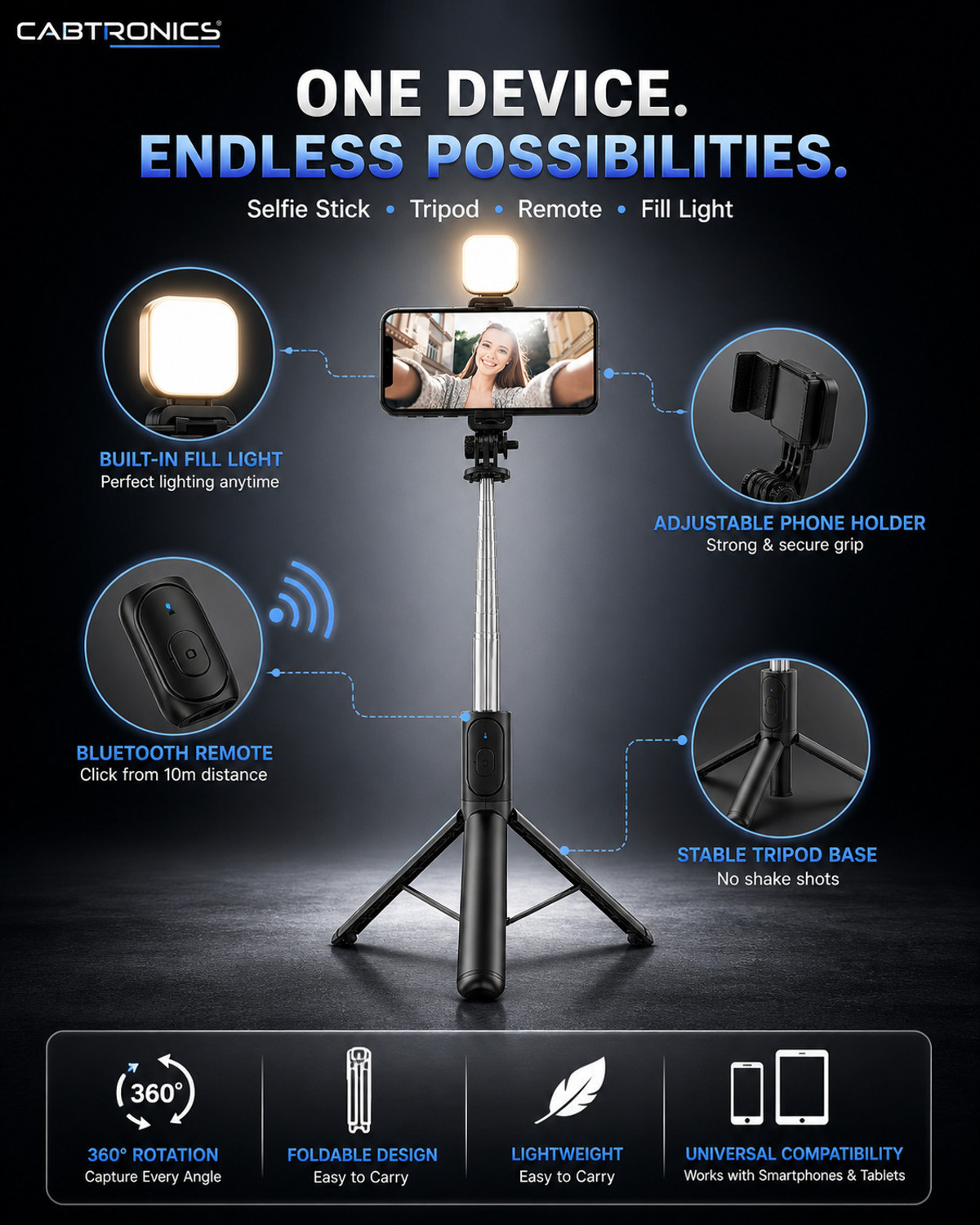 Image of CABTRONICS Extendable 70 Inch Selfie Stick Tripod with Bluetooth Remote & Fill Light | Stable Phone Stand for Vlogging & Photography Bluetooth Selfie Stick