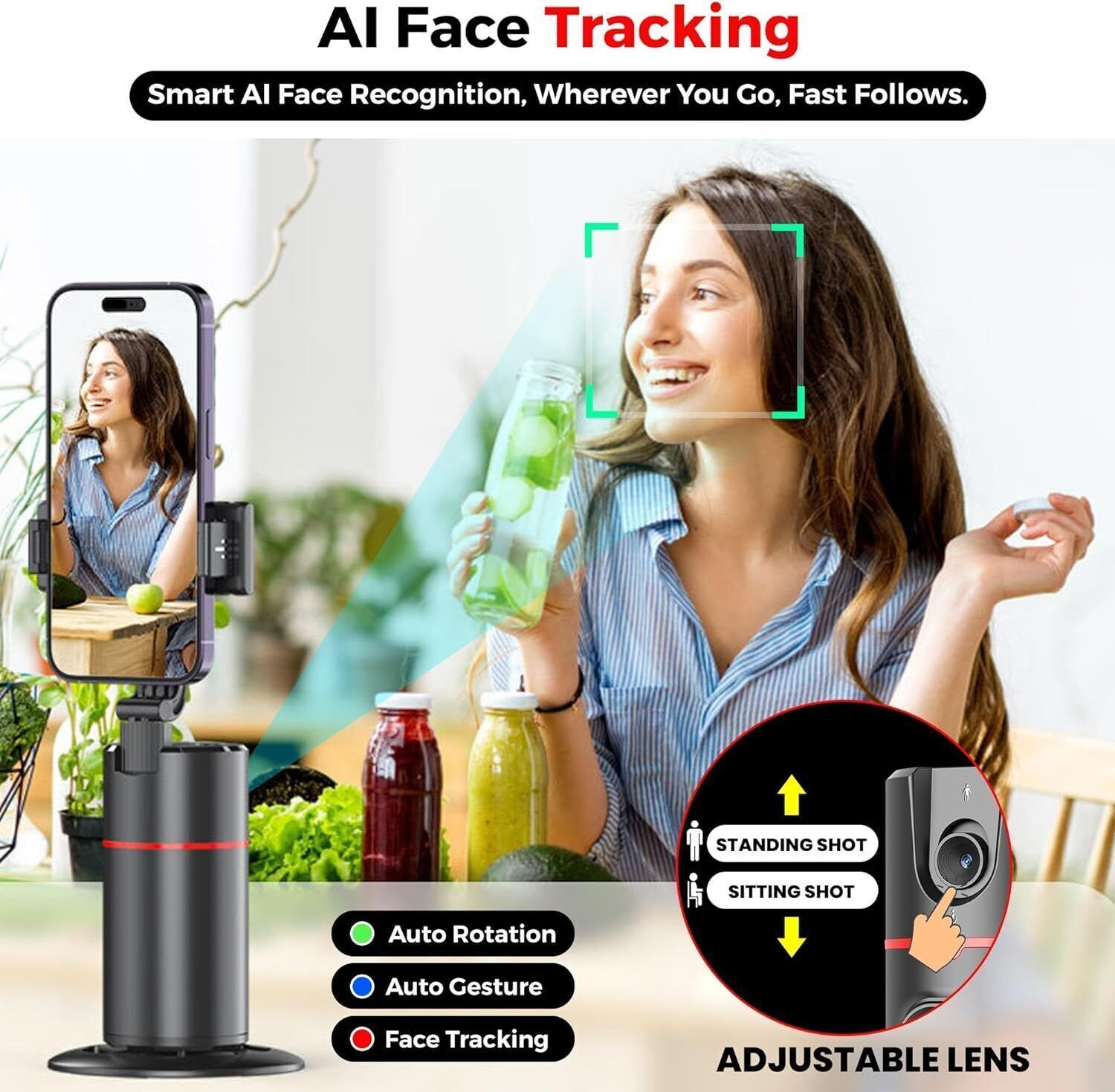 Image of DASUBHA Auto Face Tracking Tripod,360 Rotation Mobile Holder for Smart Video&Photo Shooting with Remote,No App Needed,Gimbal Stabilizer with Gesture Control for Vlog,Streaming & Video Recording,Black Bluetooth Selfie Stick