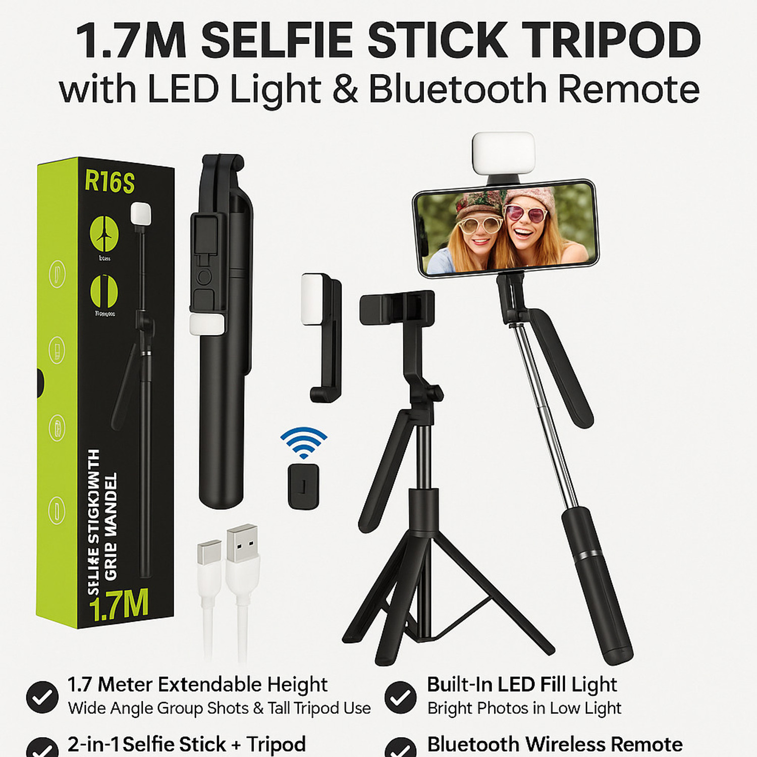Image of FITRIC R16S 1.7M Extendable Selfie Stick Tripod with LED Fill Light & Bluetooth Remote | 360 Rotating Phone Holder | Wireless Control up to 10m | Stable Reinforced Tripod Stand for Vlogging, Reels, YouTube, Travel, Video Calls & Online Classes | Compatible with Android & Smartphones Bluetooth Selfie Stick