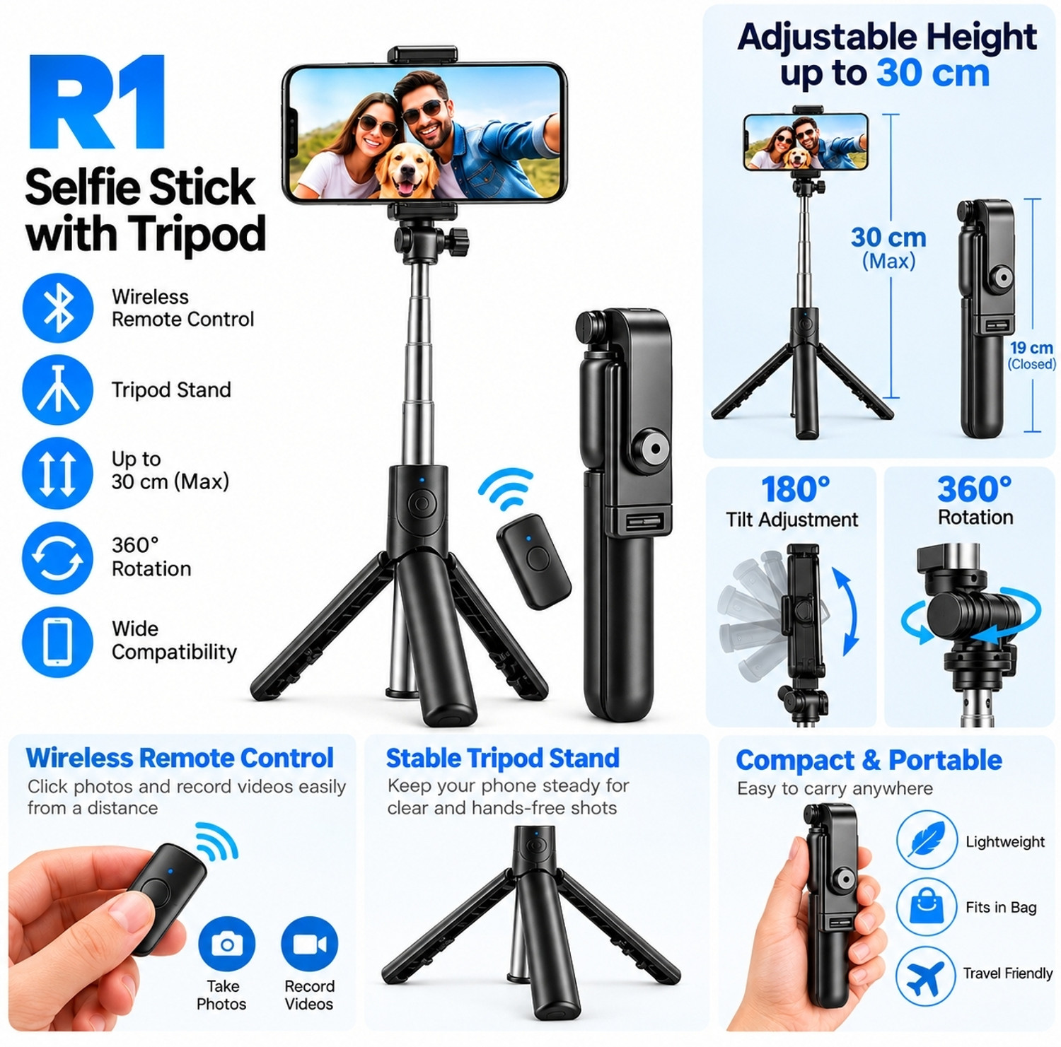 Image of frestack R1 Selfie Stick with Tripod, Phone Stand & Wireless Remote, Compatible with Mobile Phones Bluetooth Selfie Stick