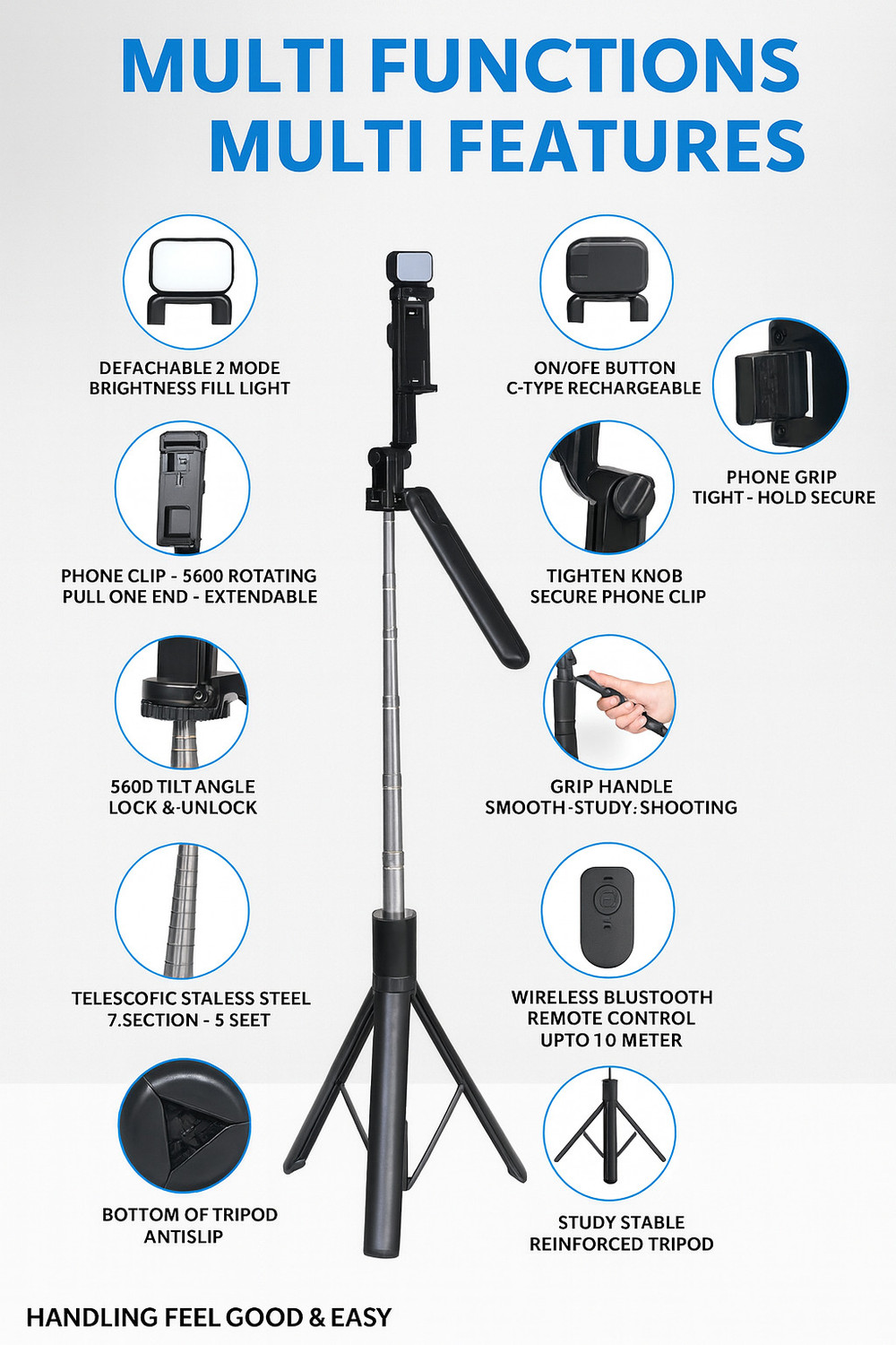 Image of FITRIC R16S 1.7M Extendable Selfie Stick Tripod with LED Fill Light & Bluetooth Remote | 360 Rotating Phone Holder | Wireless Control up to 10m | Stable Reinforced Tripod Stand for Vlogging, Reels, YouTube, Travel, Video Calls & Online Classes | Compatible with Android & Smartphones Bluetooth Selfie Stick