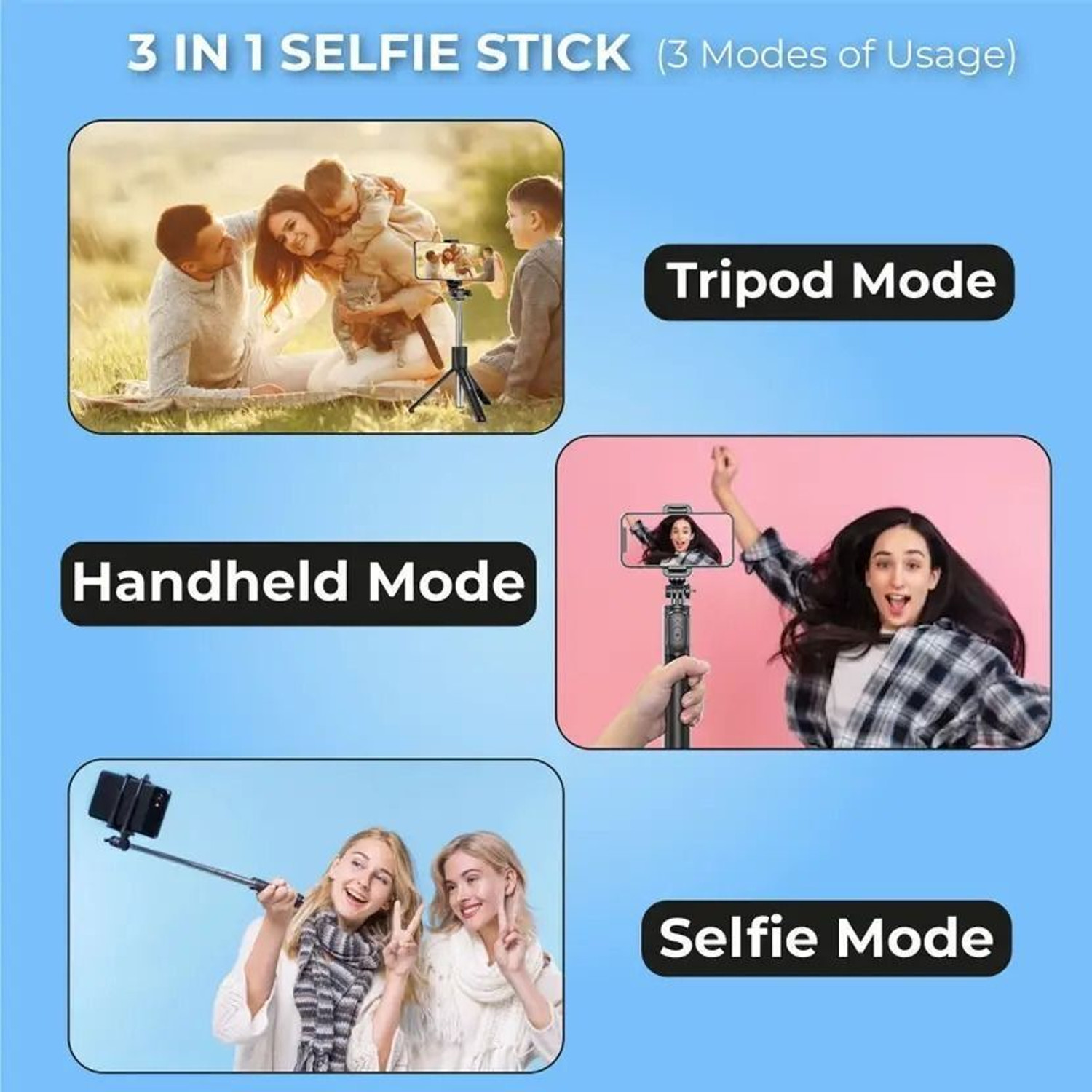 Image of Flipkart SmartBuy R1 Bluetooth Selfie Stick with Remote, 3-in-1 Multifunctional Selfie Stick, Tripod, Monopod Stand & Mobile Stand Compatible with All Mobile Phones Bluetooth Selfie Stick