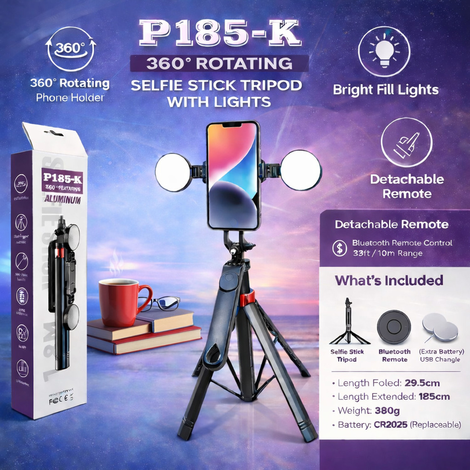 Image of FITRIC P185-K Professional 3-in-1 Extendable Selfie Stick Tripod with Detachable Bluetooth Remote, 360 Rotating Phone Holder, Anti-Shake Aluminum Handle, 4-Leg Stable Stand, Universal 1 /4 Inch Screw Mount Compatible with Android , DSLR & Action Cameras, Lightweight Portable Travel Vlogging Stick, Handsfree Photography Stand for Reels, YouTube, Live Streaming, Video Calls, Group Photos, Outdoor Shooting, Content Creators, Influencers and Everyday Smartphone Users Bluetooth Selfie Stick