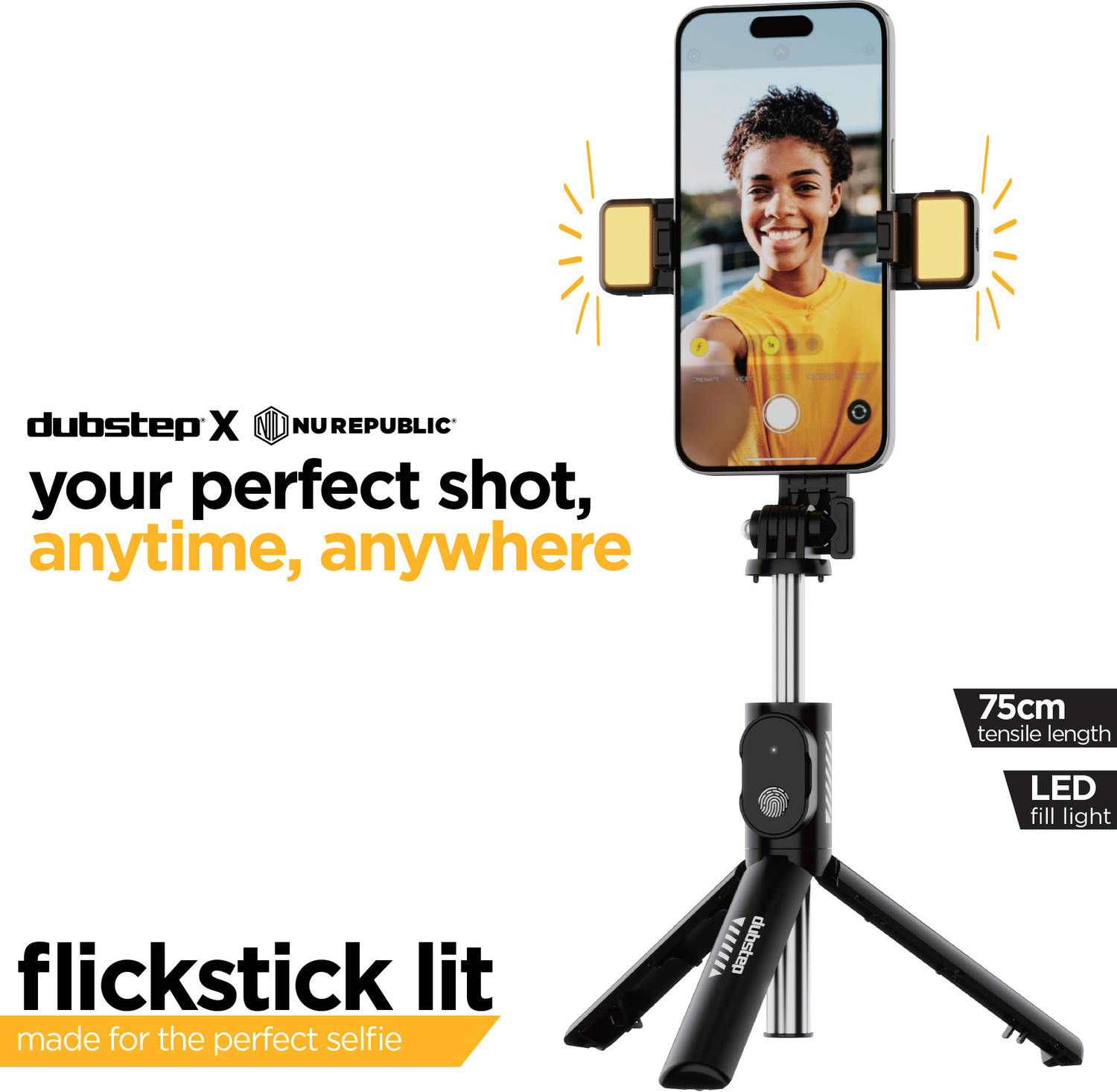 Image of Dubstep Flickstick Lit Smart Selfie Stick with 2 LED Fill Light, 360 Degree Rotation Bluetooth Selfie Stick