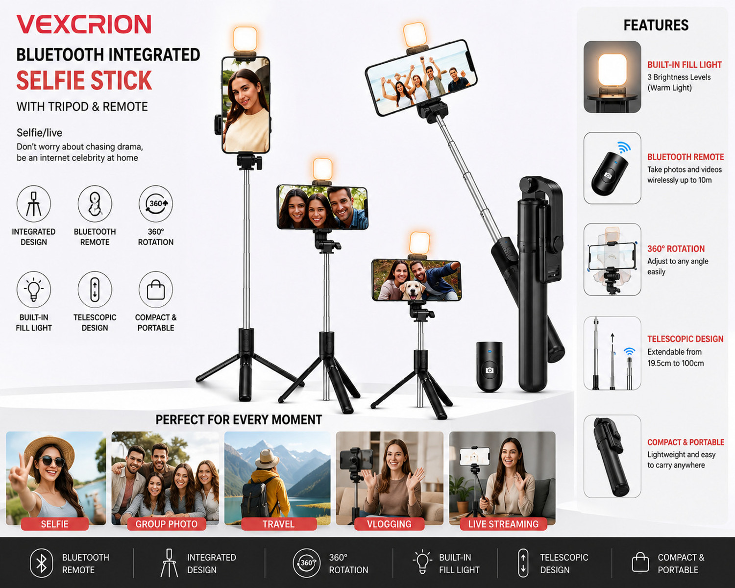 Image of Vexcrion Wireless Bluetooth Selfie Stick with Tripod Stand, Fill Light & Remote Control, Extendable 360 Rotation Selfie Monopod for Android & iOS Smartphones Bluetooth Selfie Stick