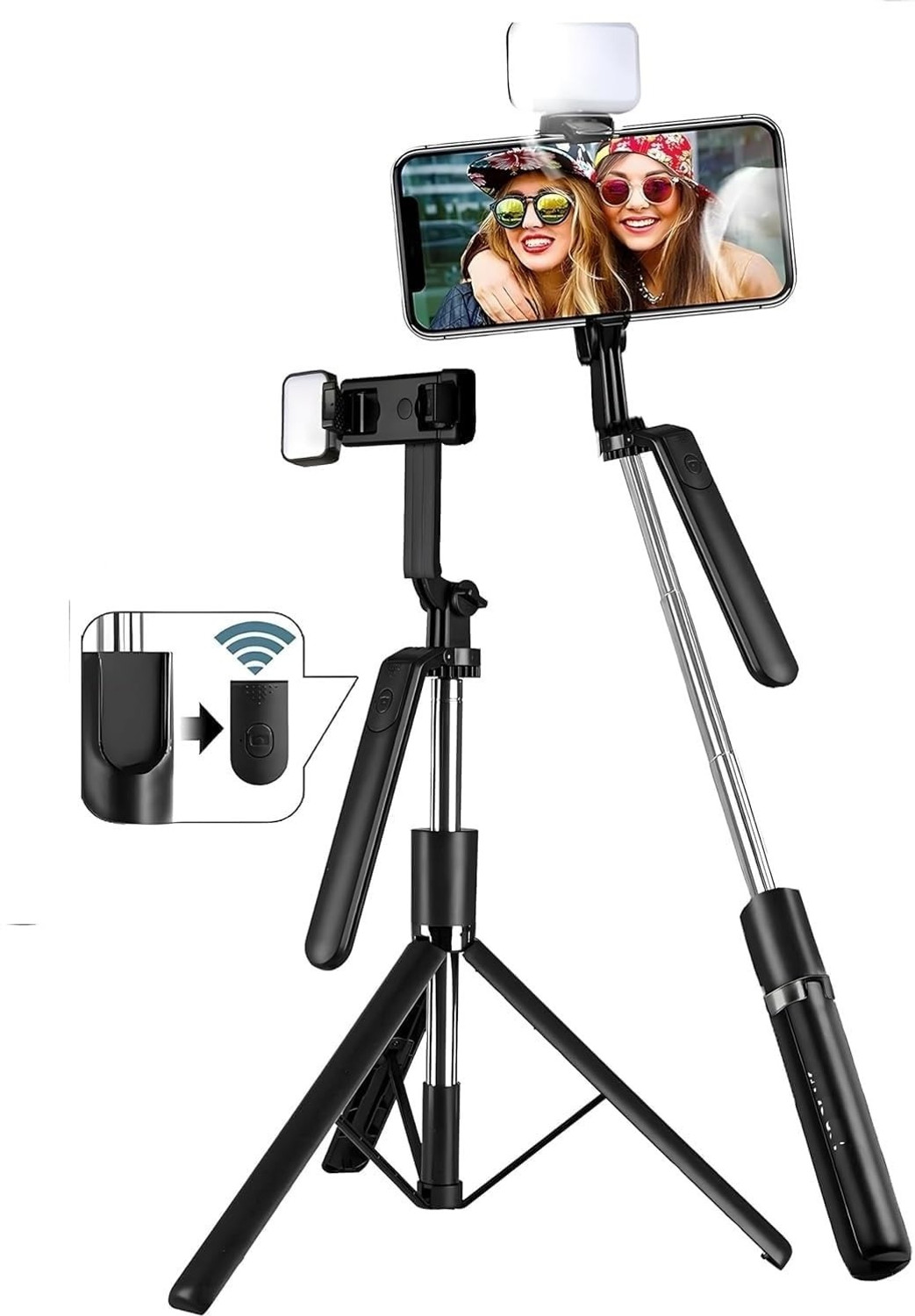 Image of FITRIC R16S 1.7M Extendable Selfie Stick Tripod with LED Fill Light & Bluetooth Remote | 360 Rotating Phone Holder | Wireless Control up to 10m | Stable Reinforced Tripod Stand for Vlogging, Reels, YouTube, Travel, Video Calls & Online Classes | Compatible with Android & Smartphones Bluetooth Selfie Stick