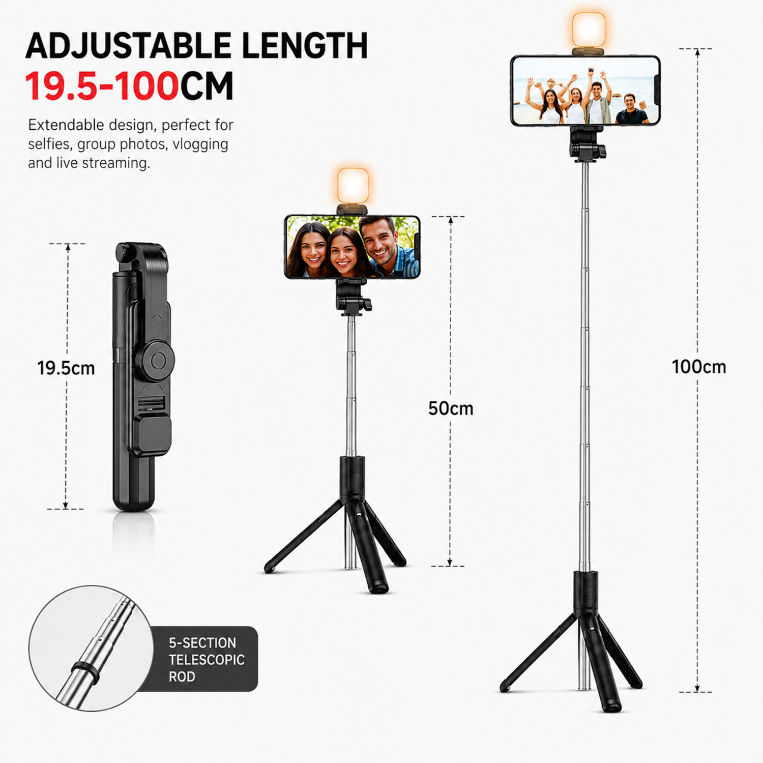 Image of Vexcrion Wireless Bluetooth Selfie Stick with Tripod Stand, Fill Light & Remote Control, Extendable 360 Rotation Selfie Monopod for Android & iOS Smartphones Bluetooth Selfie Stick
