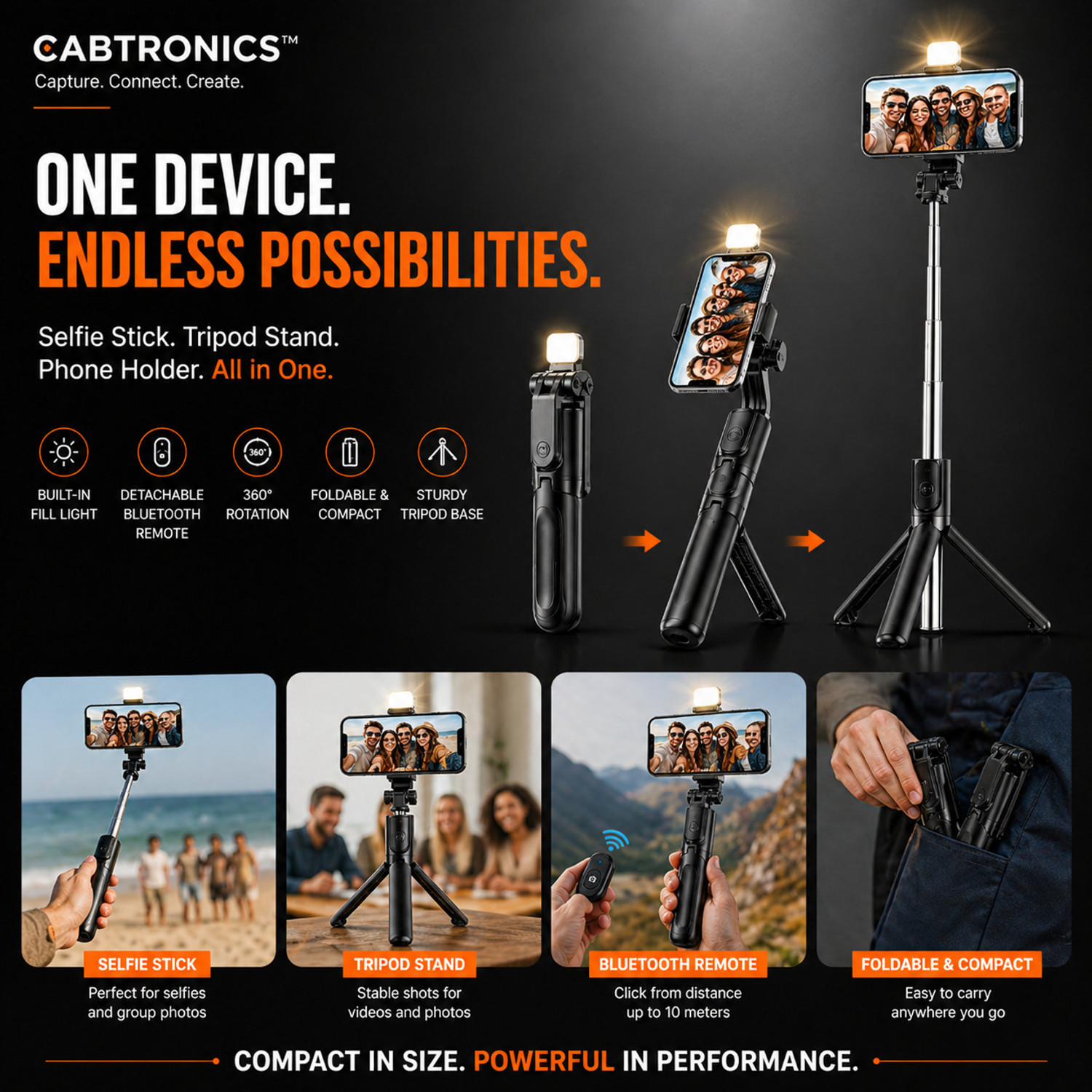 Image of CABTRONICS Extendable 70 Inch Selfie Stick Tripod with Bluetooth Remote & Fill Light | Stable Phone Stand for Vlogging & Photography Bluetooth Selfie Stick