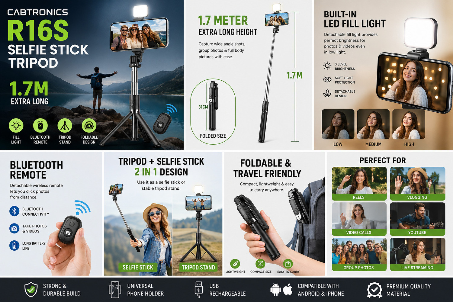 Image of CABTRONICS R16S Selfie Stick Tripod with Foldable Grip Handle, 1.7M Extendable Mobile Stand, Bluetooth Remote & LED Fill Light for iPhone /Android, Vlogging & Reels Bluetooth Selfie Stick