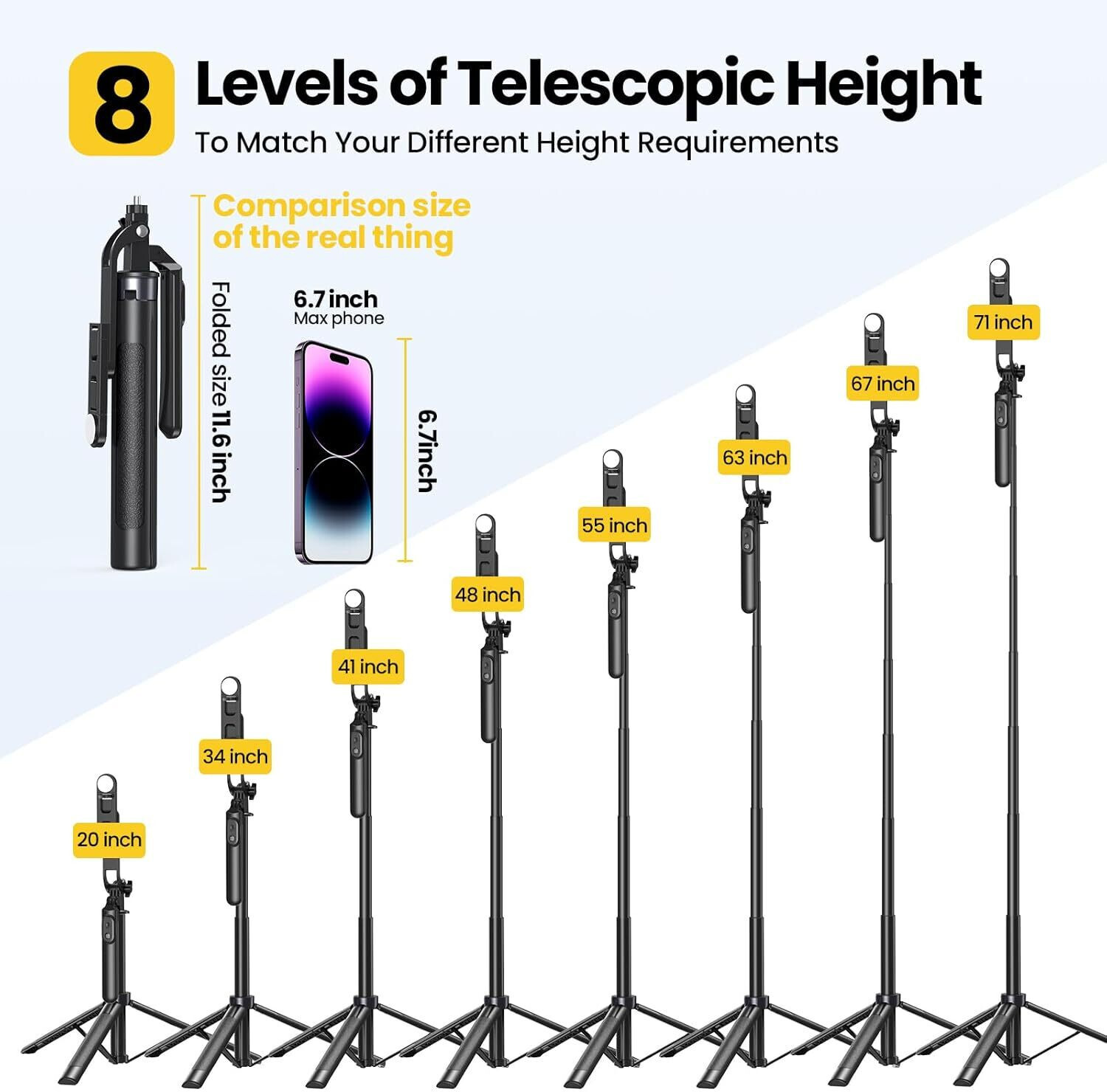 Image of Kingone Long Selfie Stick with Tripod Stand Aluminum 71inch /180cm 360 Degree Rotation Selfie Stick Tripod for Phone Bluetooth Selfie Stick