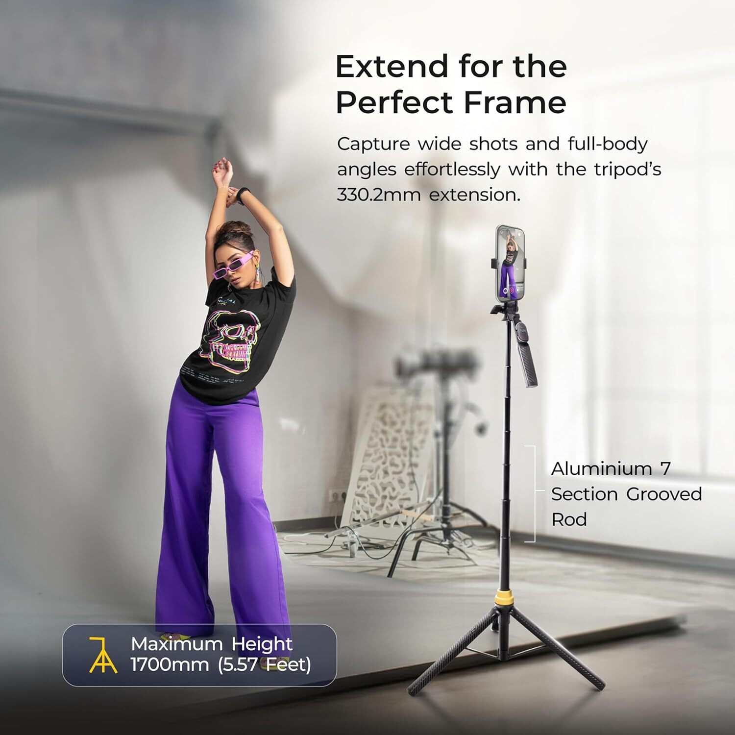 Image of DIGITEK DTR-555 SS 5.57ft Foldable Tripod Selfie Stick for Smartphones & Cameras, 360 Rotation, 3-Leg Base, 2Kg Load, 10m Wireless Remote, 7 Section Bluetooth Selfie Stick