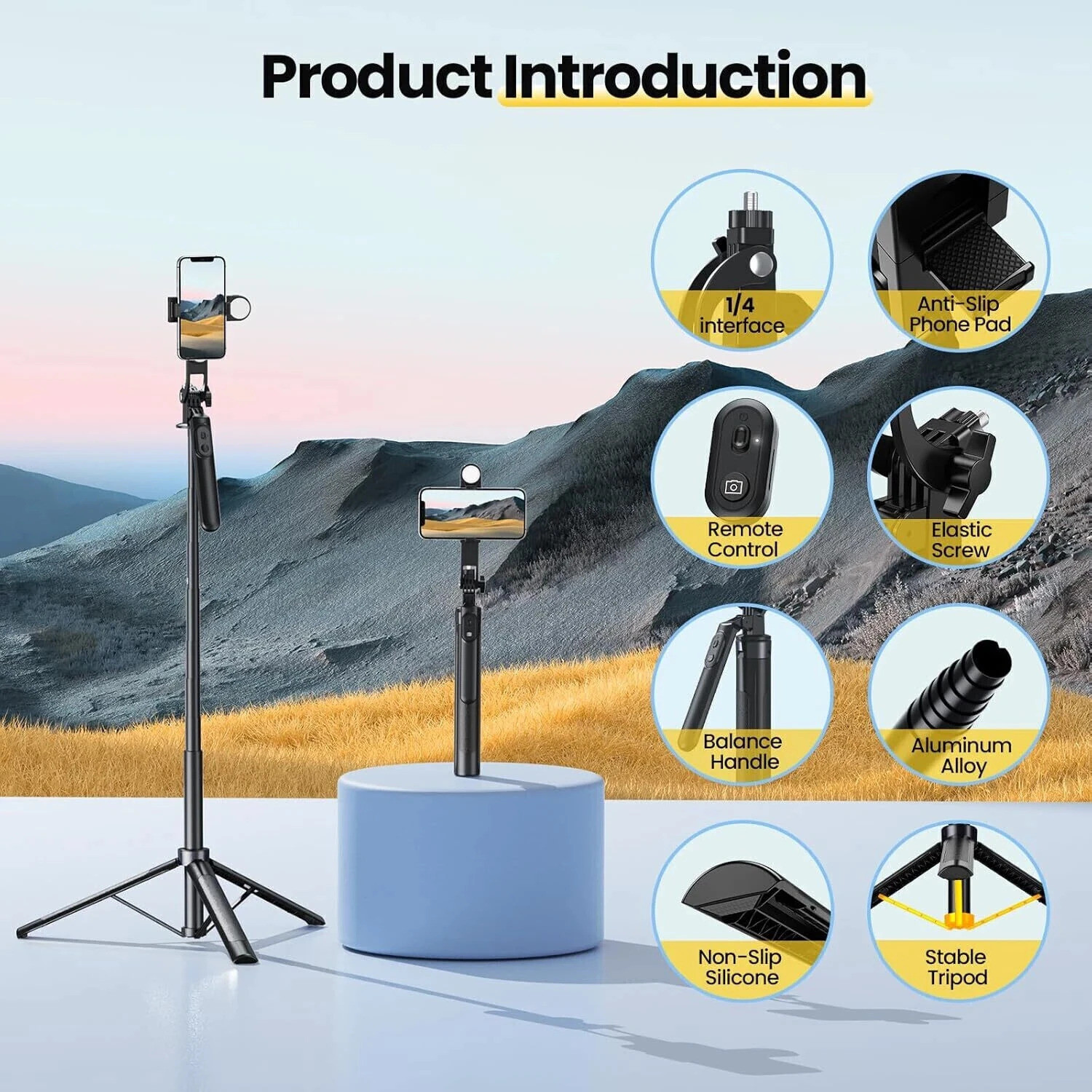Image of Kingone Long Selfie Stick with Tripod Stand Aluminum 71inch /180cm 360 Degree Rotation Selfie Stick Tripod for Phone Bluetooth Selfie Stick