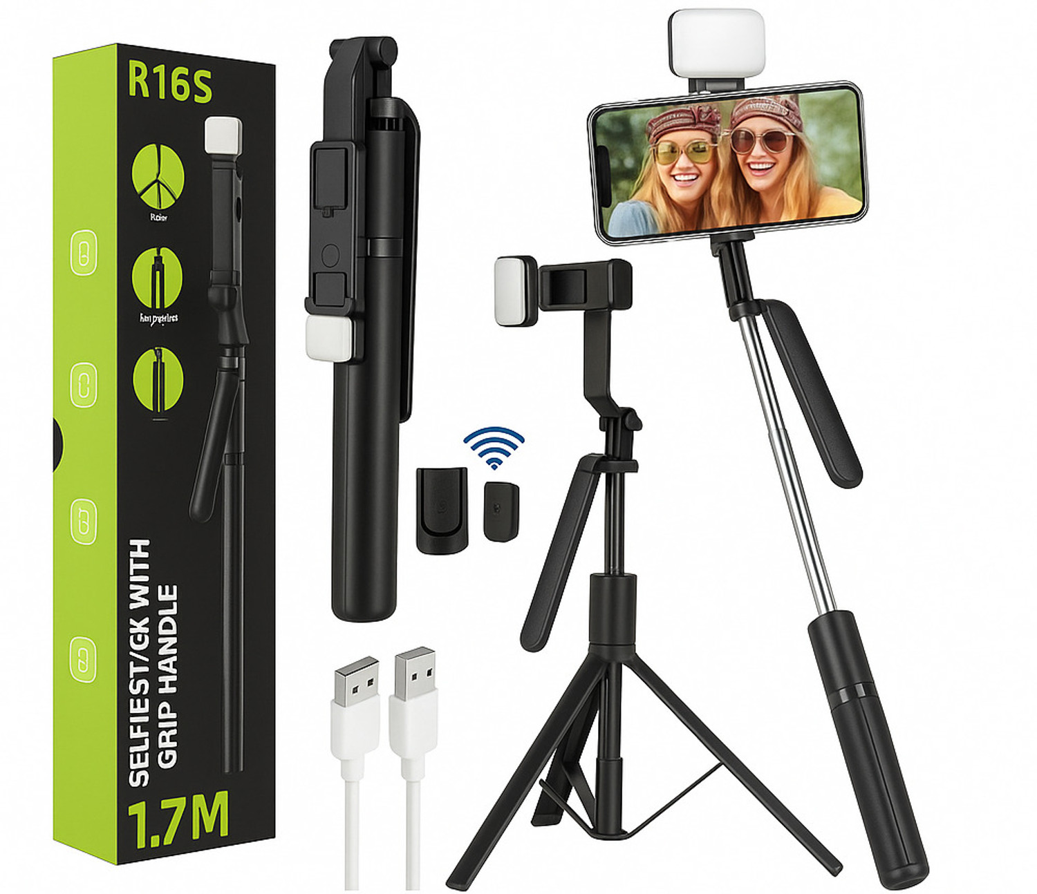Image of FITRIC R16S 1.7M Extendable Selfie Stick Tripod with LED Fill Light & Bluetooth Remote | 360 Rotating Phone Holder | Wireless Control up to 10m | Stable Reinforced Tripod Stand for Vlogging, Reels, YouTube, Travel, Video Calls & Online Classes | Compatible with Android & Smartphones Bluetooth Selfie Stick