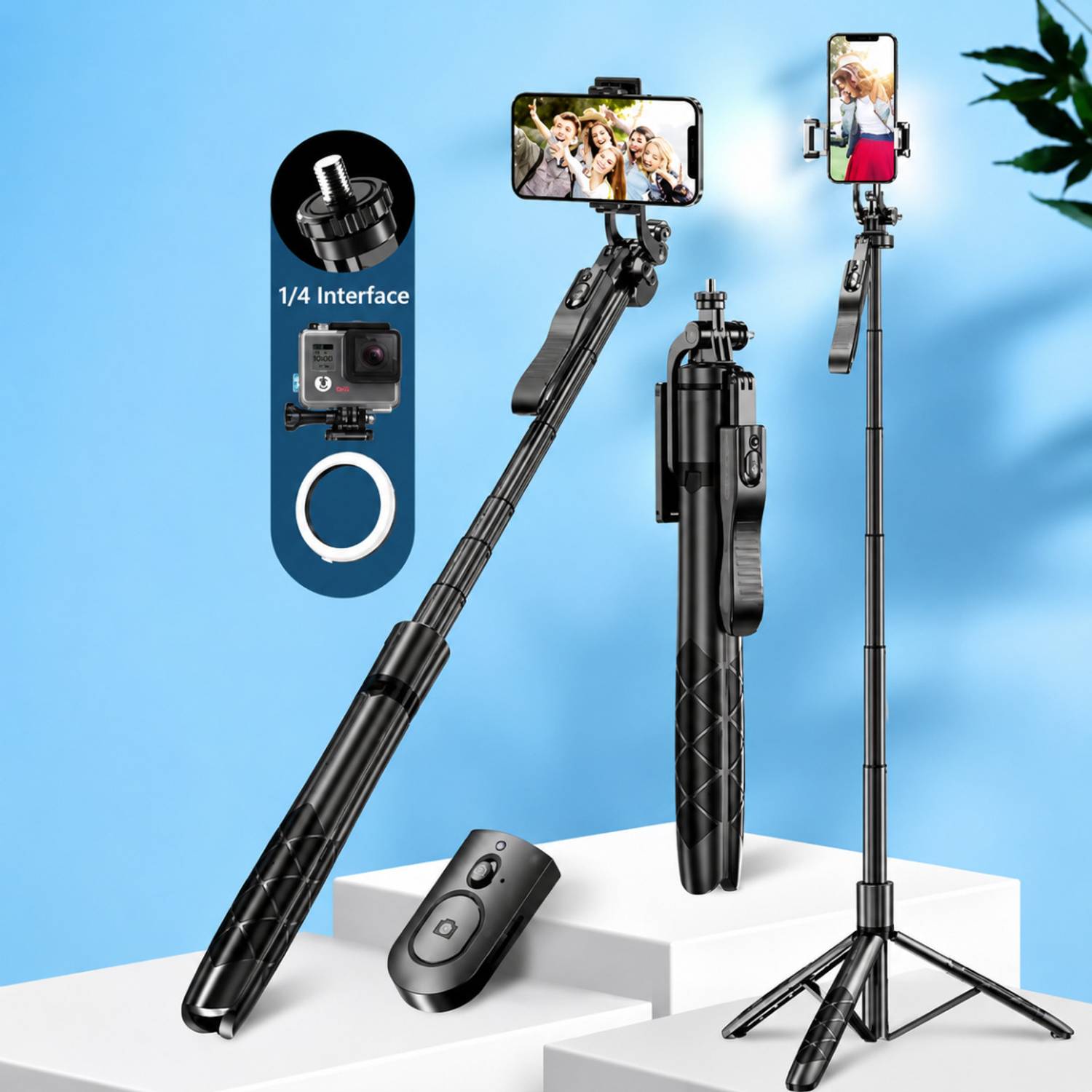 Arvy Enterprises L16 Long Selfie Stick Tripod with 360° Rotation, Bluetooth Remote, 6 Section Telescopic Pole Up to 61 inch Bluetooth Selfie Stick