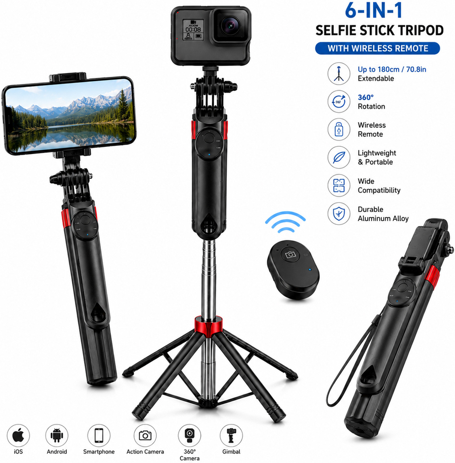 Image of SB Q180 Selfie Stick with Tripod Stand and Bluetooth Remote, 360 Rotating Mobile Holder, 4 Leg Stable Selfie Stick for iPhone Android Phones, Long Extendable Vlogging Stand, Portable Camera Tripod for Reels, Live Streaming, Video Recording, YouTube, Travel, Photography and Content Creator Setup Bluetooth Selfie Stick (Black, Remote Included)