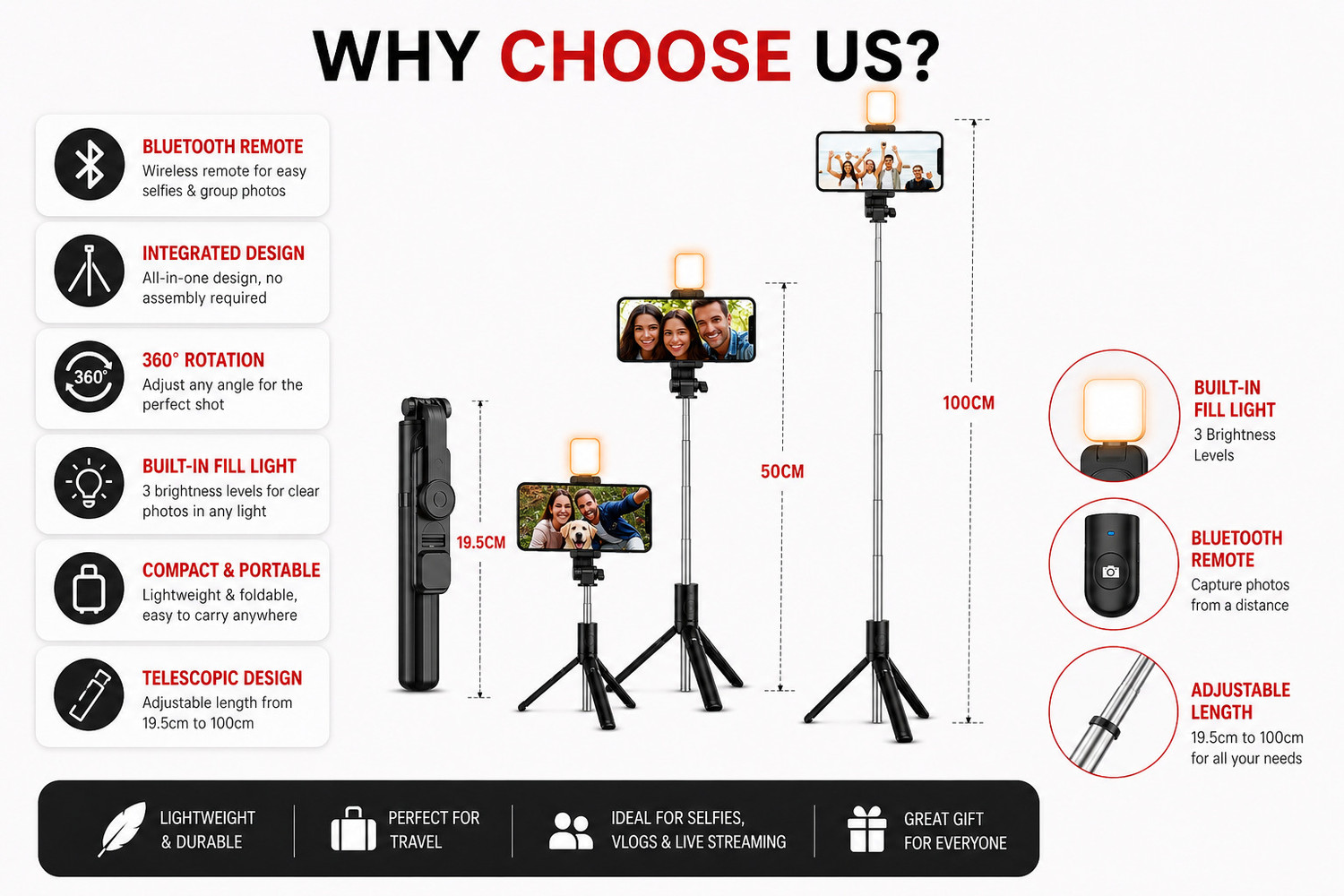 Image of Vexcrion Wireless Bluetooth Selfie Stick with Tripod Stand, Fill Light & Remote Control, Extendable 360 Rotation Selfie Monopod for Android & iOS Smartphones Bluetooth Selfie Stick
