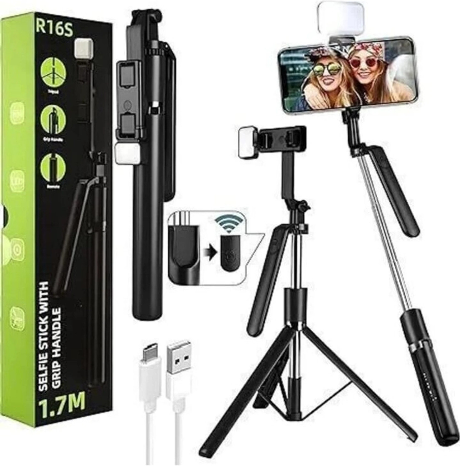 Image of CABTRONICS R16S Selfie Stick Tripod with Foldable Grip Handle, 1.7M Extendable Mobile Stand, Bluetooth Remote & LED Fill Light for iPhone /Android, Vlogging & Reels Bluetooth Selfie Stick
