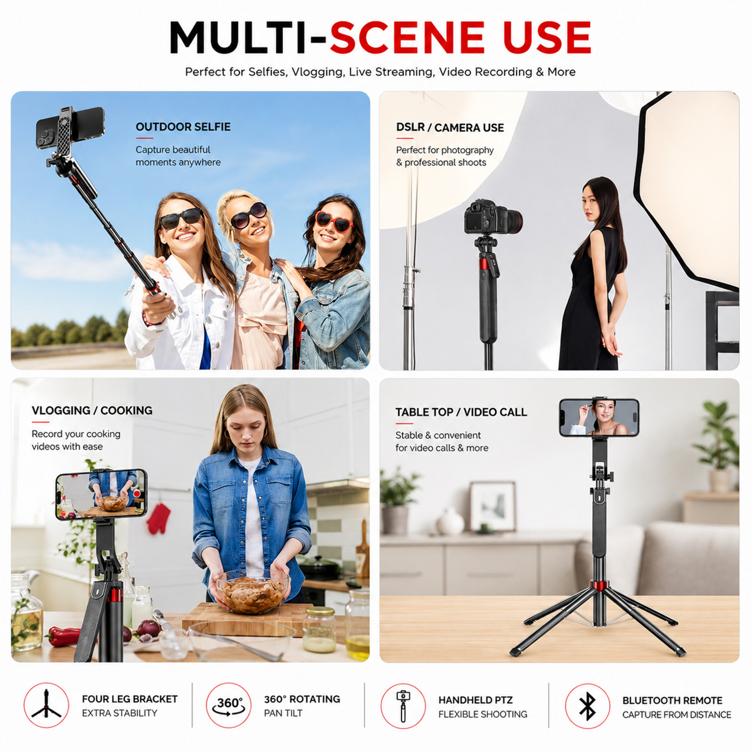 Image of SB Q180 Selfie Stick with Tripod Stand and Bluetooth Remote, 360 Rotating Mobile Holder, 4 Leg Stable Selfie Stick for iPhone Android Phones, Long Extendable Vlogging Stand, Portable Camera Tripod for Reels, Live Streaming, Video Recording, YouTube, Travel, Photography and Content Creator Setup Bluetooth Selfie Stick (Black, Remote Included)