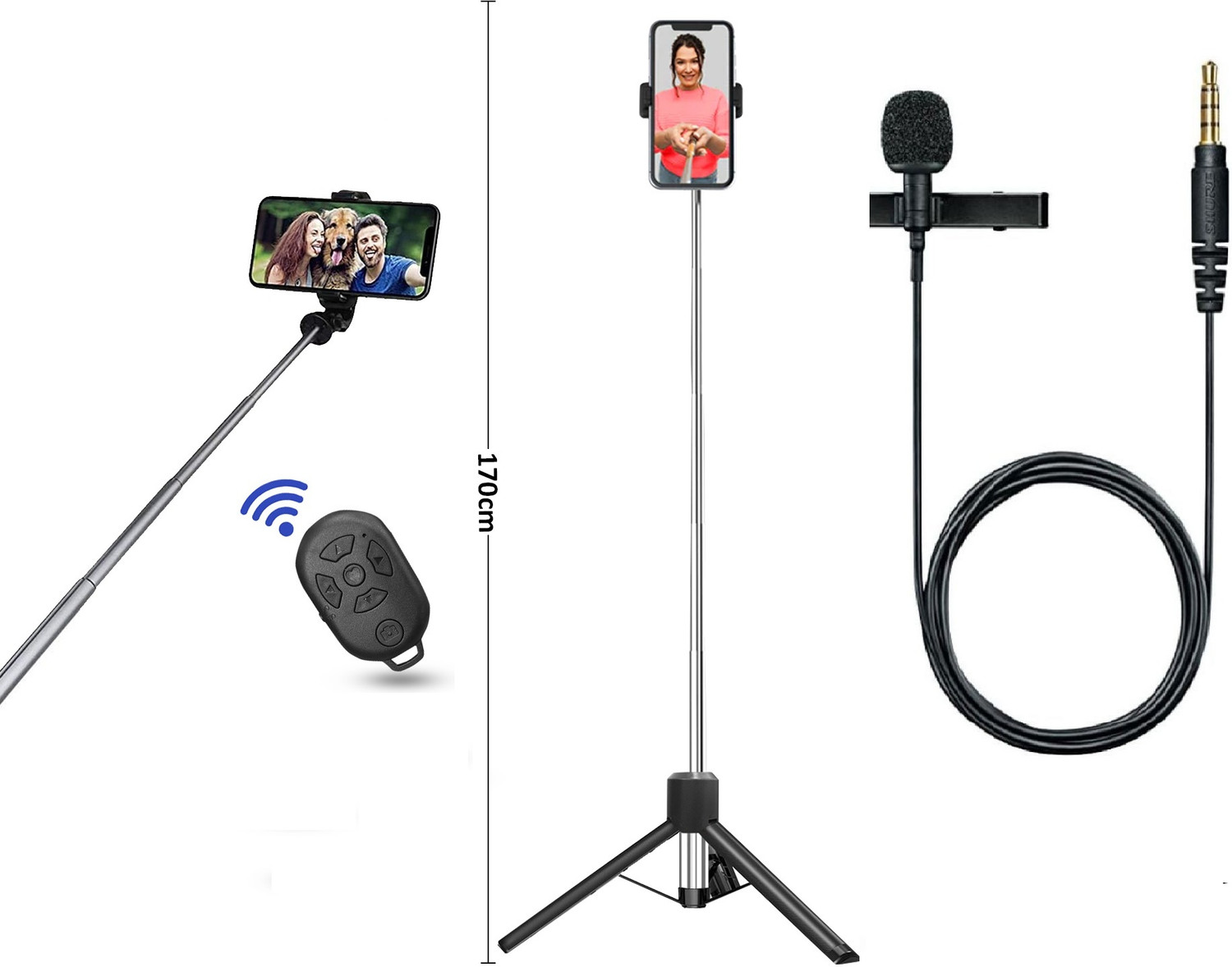 Image of CROWNVIZ Selfie Stick Tripod All in One Professional 67'' Selfie Stick with Large Reinforced Tripod Stand Bluetooth Selfie Stick with Wireless Remote & Collar Mic Bluetooth Selfie Stick