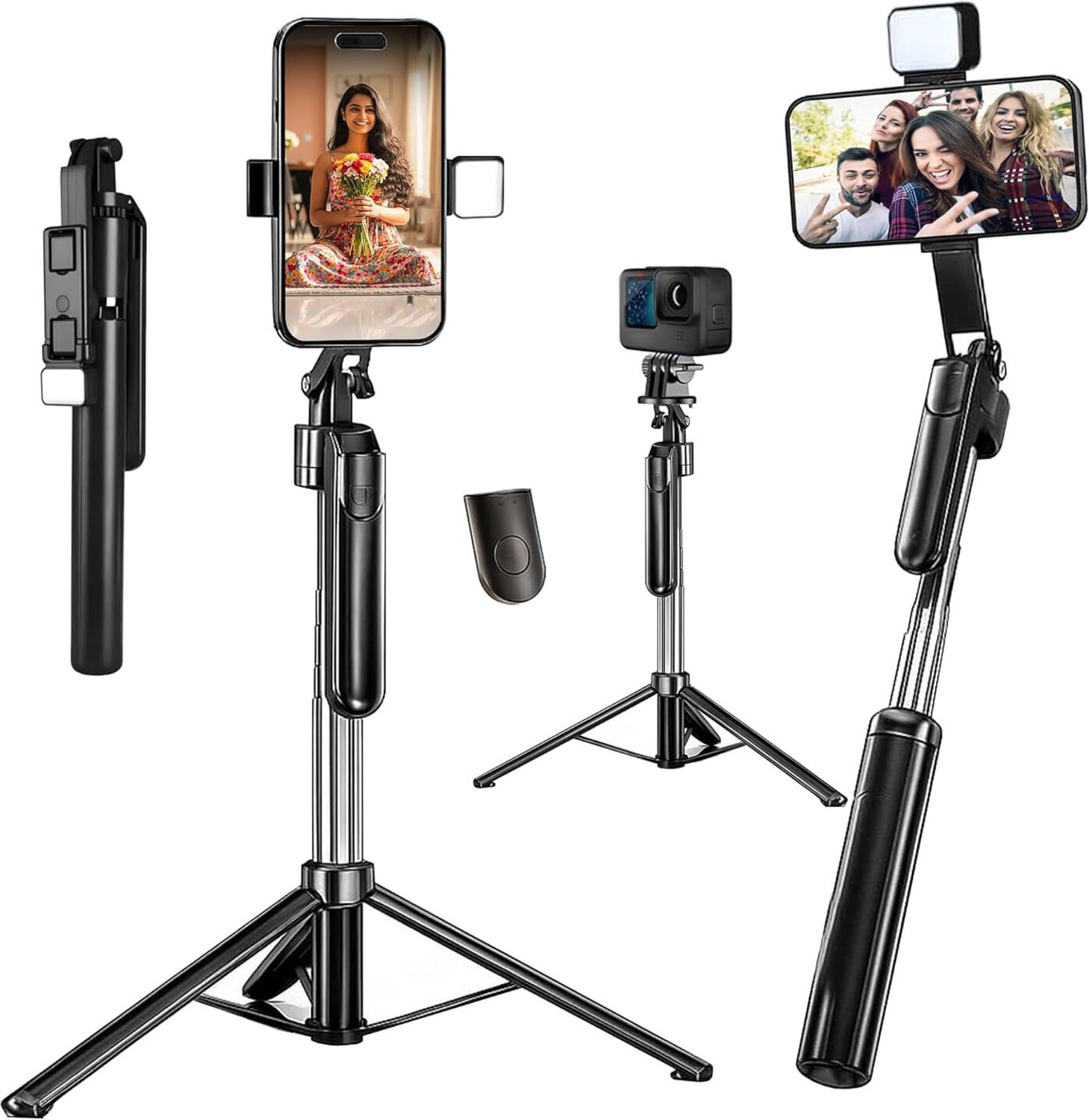Image of Flipkart SmartBuy R16S 67-Inch (170cm) Long Selfie Stick Tripod Stand with Built-in LED Flashlight, 360 Rotating Anti-Shake Handle, Adjustable Mobile Holder for Vlogging, Reels & Live Streaming Bluetooth Selfie Stick