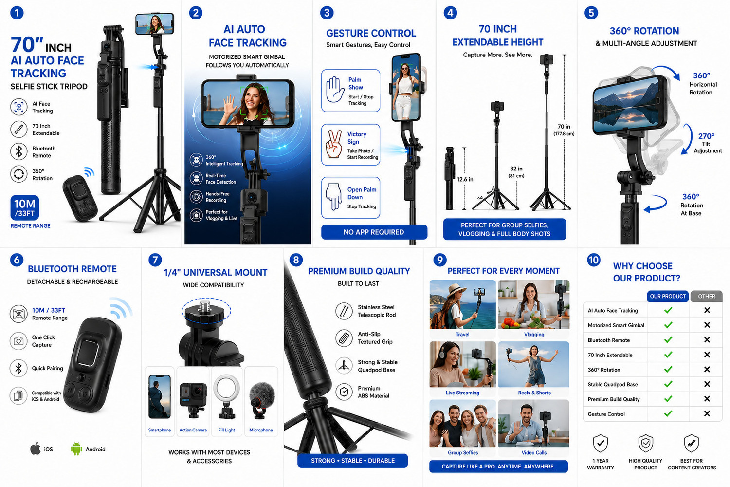 Image of Expro C17 Auto Face Tracking AI Gimbal Selfie Stick Tripod Stand, Detachable Bluetooth Remote Compatible for iPhone /Android, Best for Vlogging /Photo Shoot (C17 AUTO FACE Tracking SEFIE Stick) Bluetooth Selfie Stick