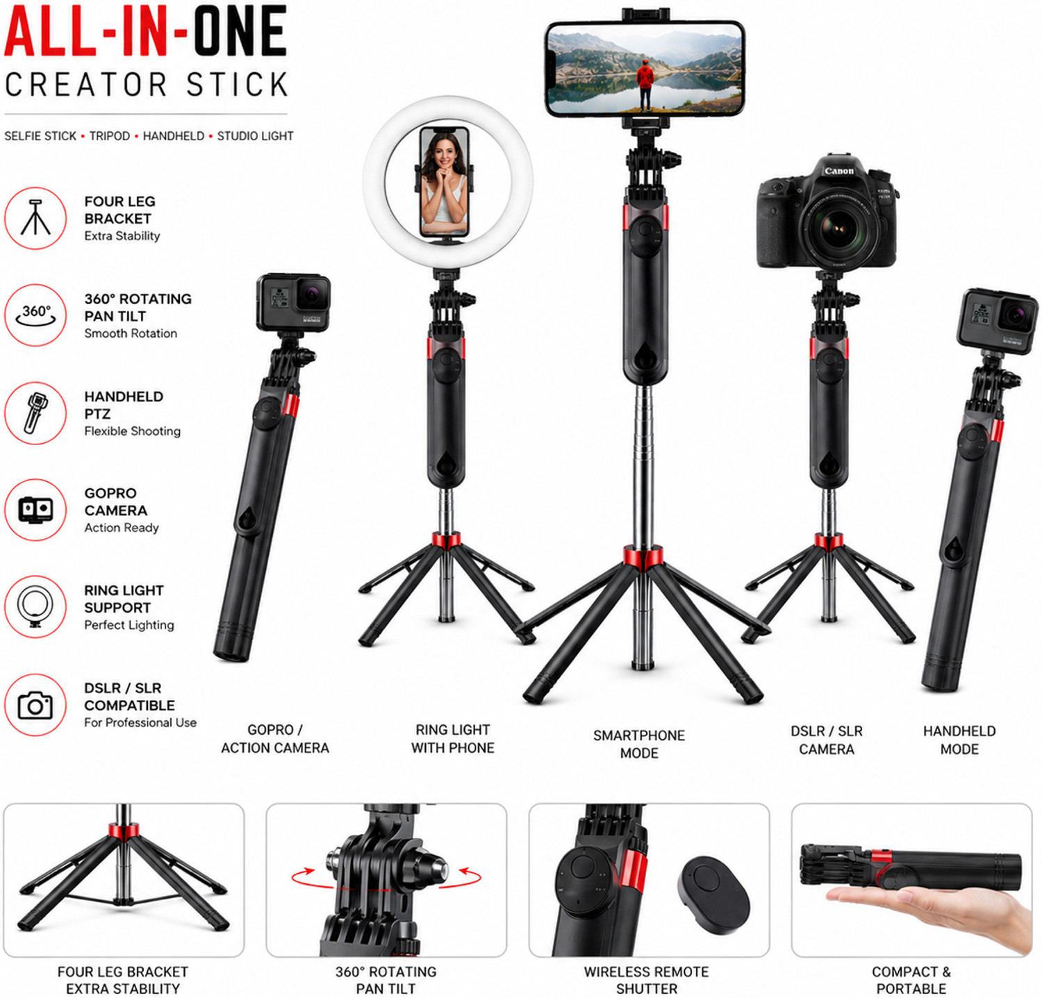 Image of SB Q180 Selfie Stick with Tripod Stand and Bluetooth Remote, 360 Rotating Mobile Holder, 4 Leg Stable Selfie Stick for iPhone Android Phones, Long Extendable Vlogging Stand, Portable Camera Tripod for Reels, Live Streaming, Video Recording, YouTube, Travel, Photography and Content Creator Setup Bluetooth Selfie Stick (Black, Remote Included)