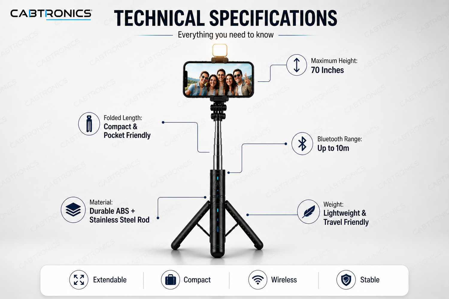 Image of CABTRONICS Extendable 70 Inch Selfie Stick Tripod with Bluetooth Remote & Fill Light | Stable Phone Stand for Vlogging & Photography Bluetooth Selfie Stick