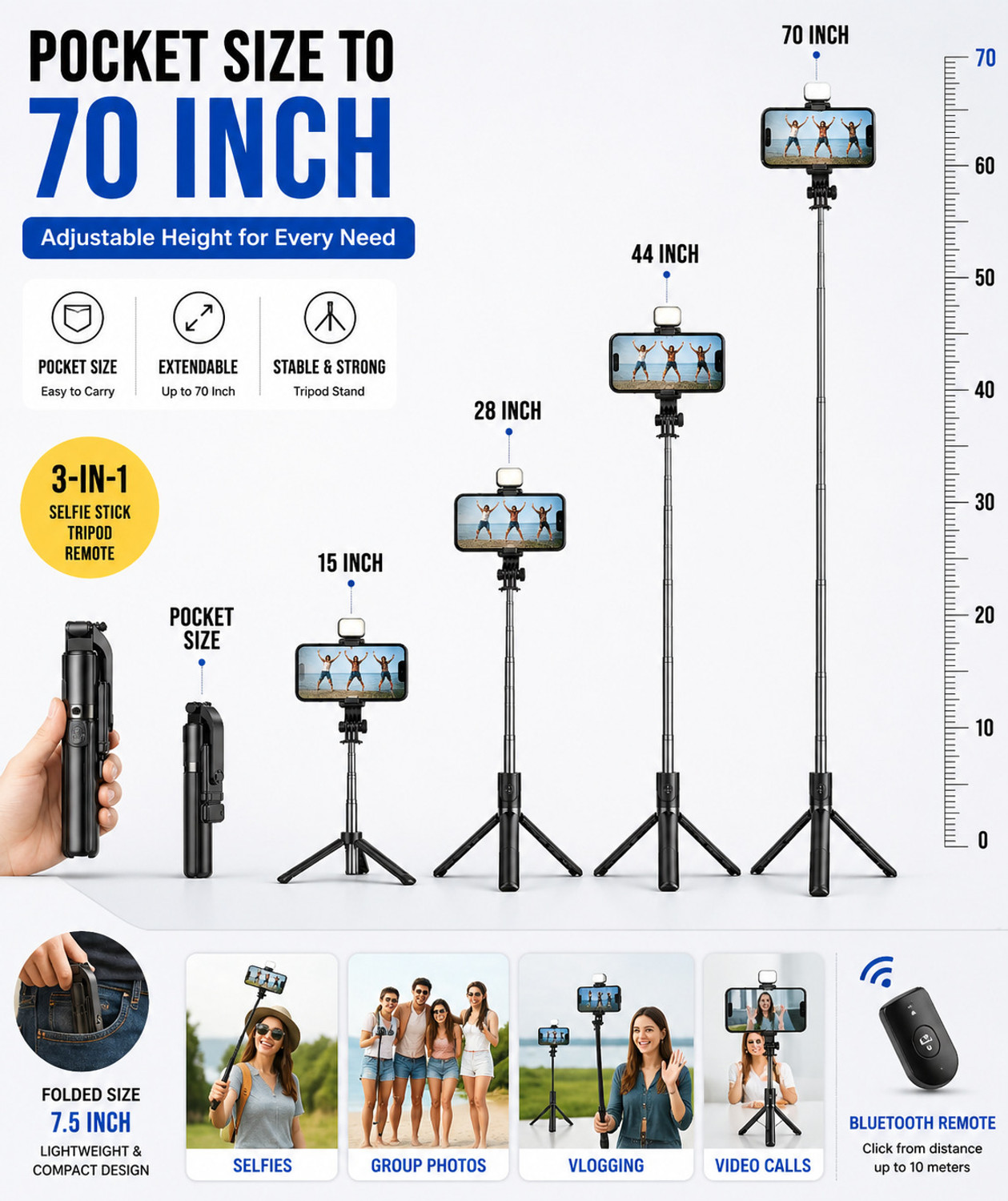 Image of CABTRONICS Extendable 70 Inch Selfie Stick Tripod with Bluetooth Remote & Fill Light | Stable Phone Stand for Vlogging & Photography Bluetooth Selfie Stick
