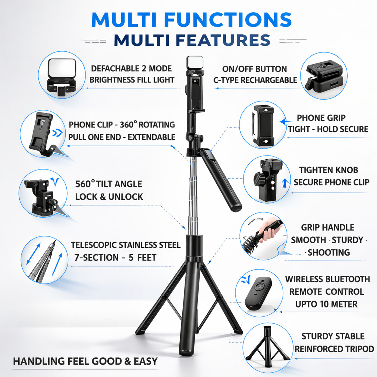 Image of Flipkart SmartBuy R16S 67-Inch Tripod Stand with Bluetooth Remote, LED Light, 360 Rotation Holder Tripod