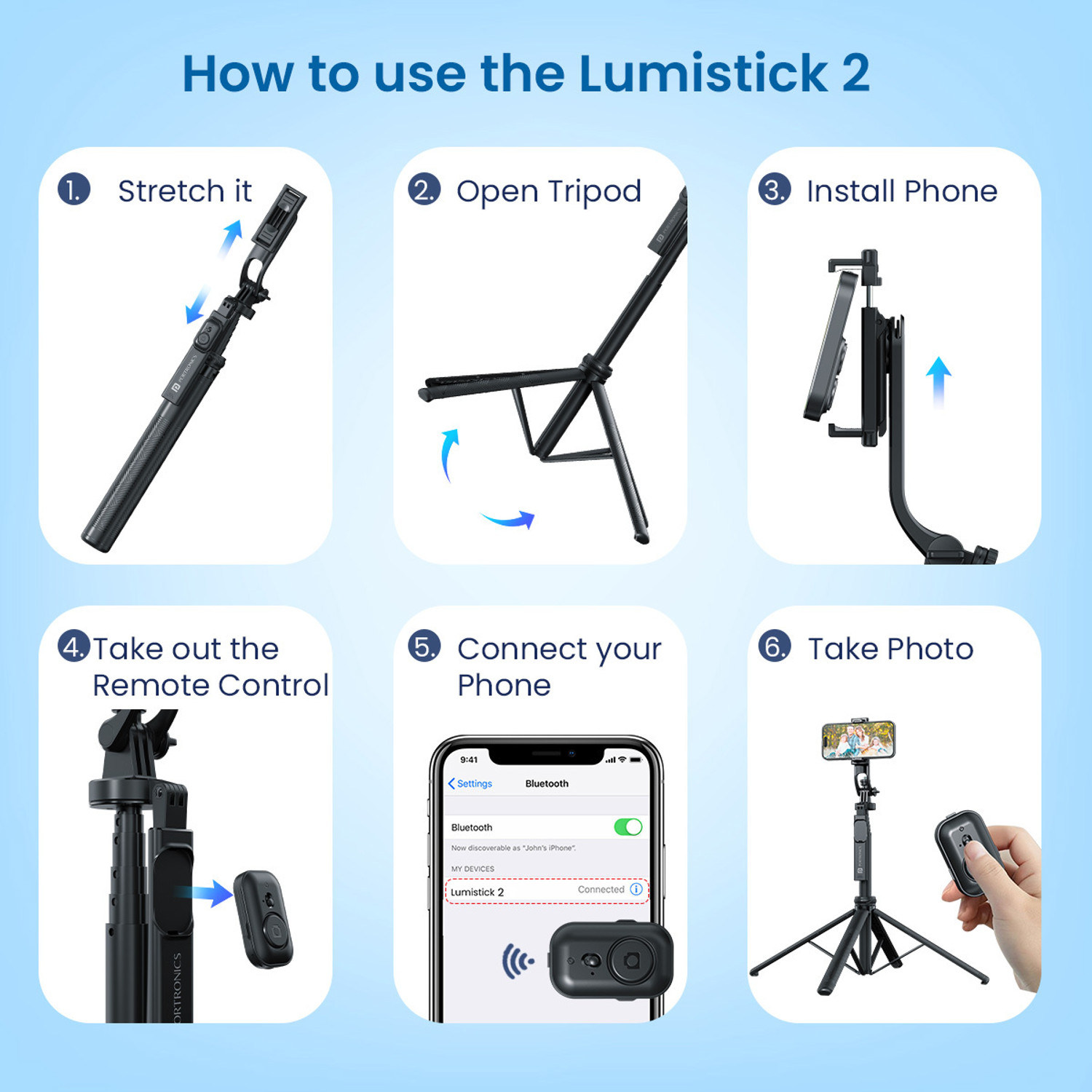 Image of Portronics Lumistick 2 Smart Selfie Stick, 6ft Tripod Stand,3 in 1 Multifunctional design Bluetooth Selfie Stick