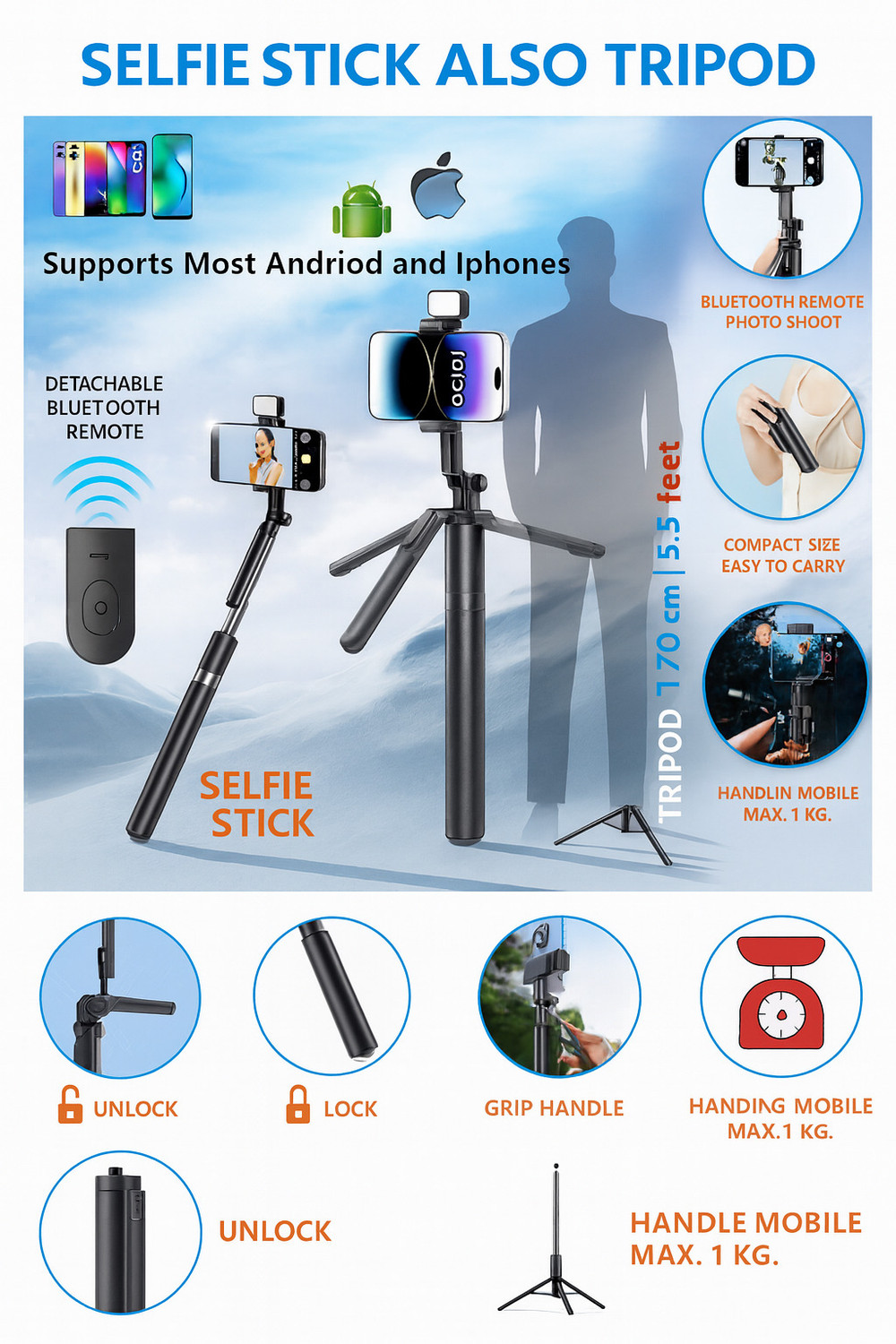 Image of FITRIC R16S 1.7M Extendable Selfie Stick Tripod with LED Fill Light & Bluetooth Remote | 360 Rotating Phone Holder | Wireless Control up to 10m | Stable Reinforced Tripod Stand for Vlogging, Reels, YouTube, Travel, Video Calls & Online Classes | Compatible with Android & Smartphones Bluetooth Selfie Stick