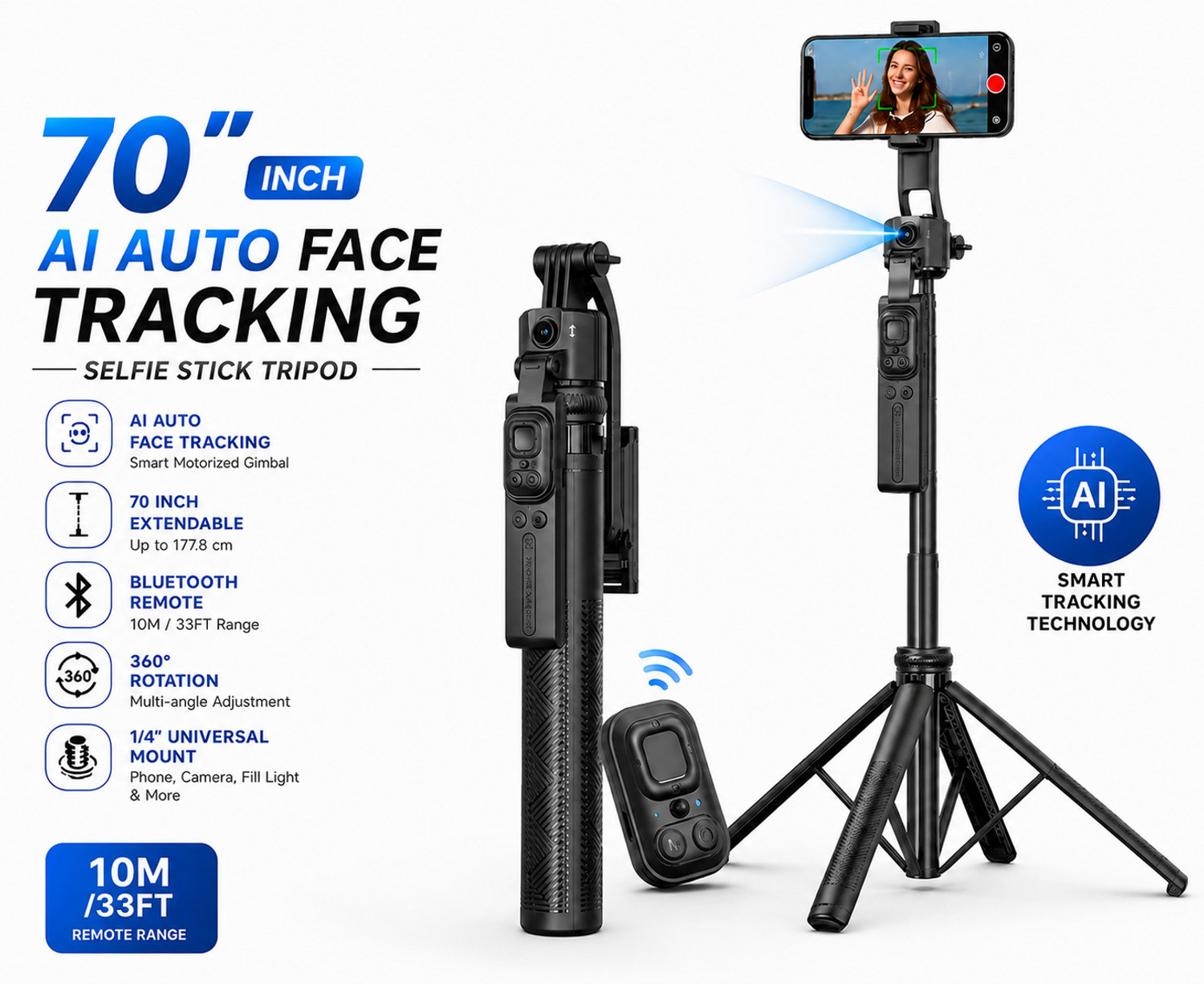 Image of Expro C17 Auto Face Tracking AI Gimbal Selfie Stick Tripod Stand, Detachable Bluetooth Remote Compatible for iPhone /Android, Best for Vlogging /Photo Shoot (C17 AUTO FACE Tracking SEFIE Stick) Bluetooth Selfie Stick