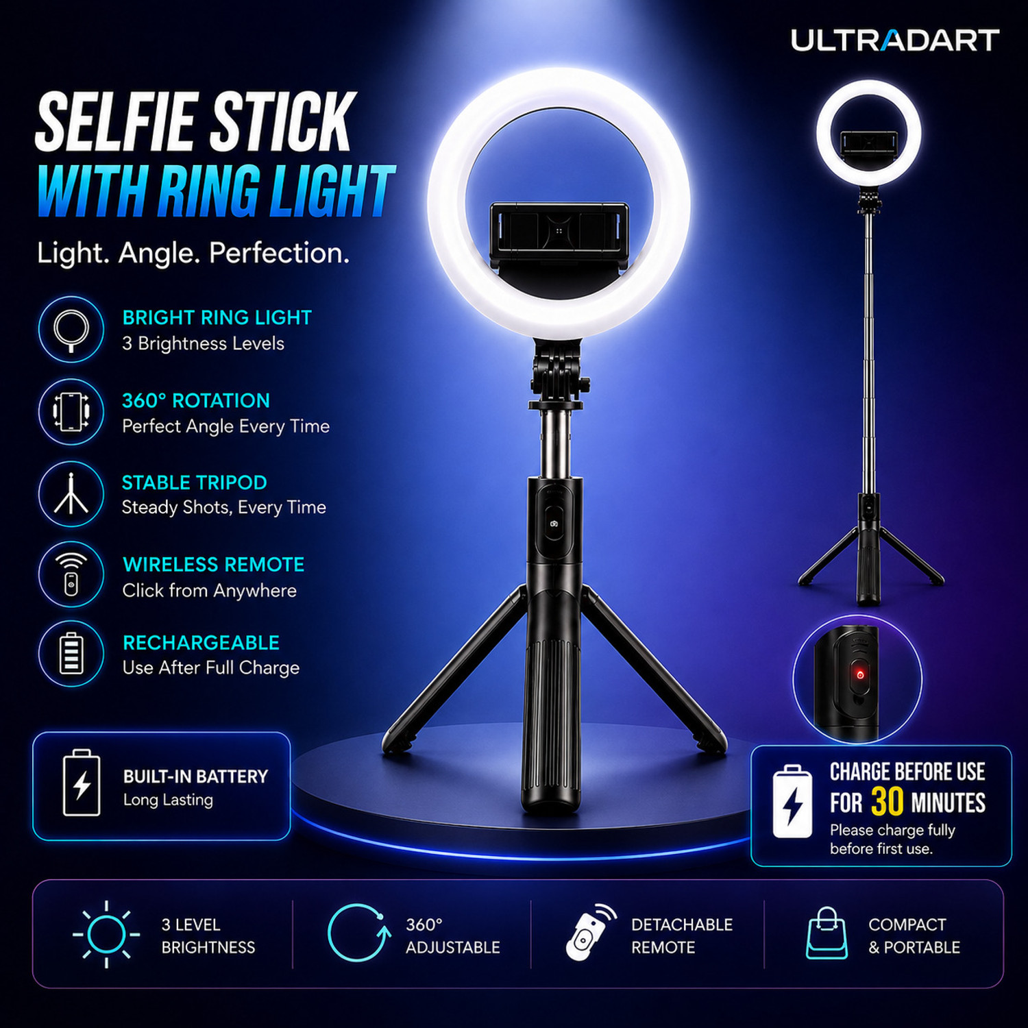 Image of ULTRADART Selfie Stick Tripod with Rechargeable Ring Light & Remote Cable Selfie Stick