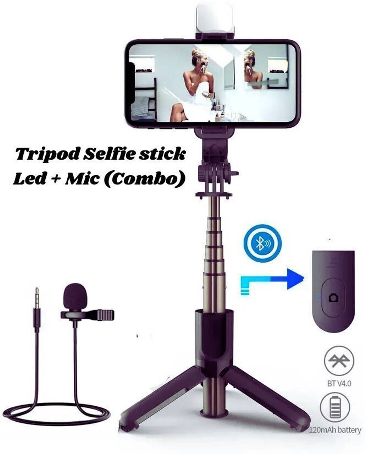 BUFONA Tripod Selfie stick with Led and Collar Mic Bluetooth Selfie Stick