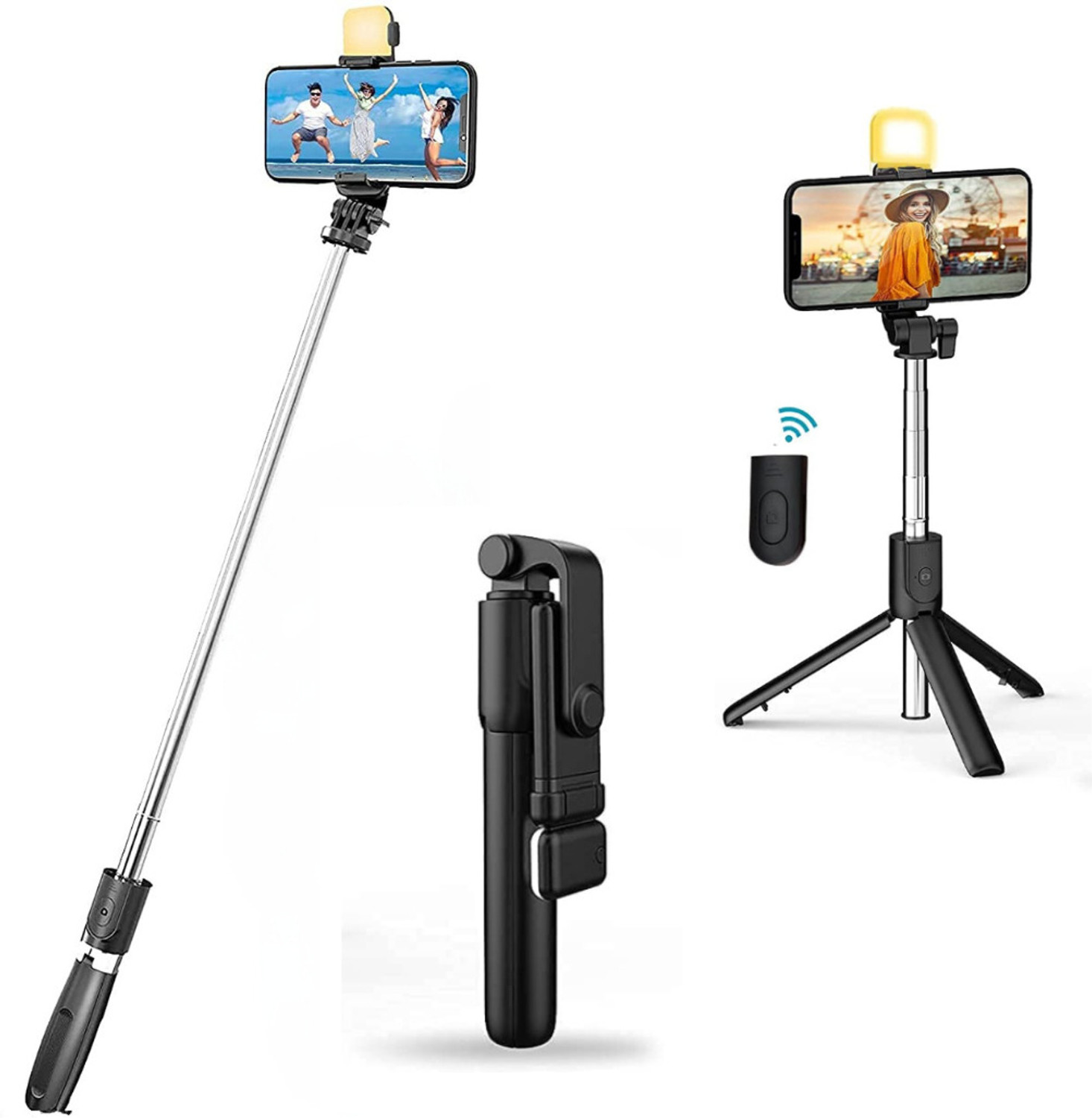 Image of MAK Selfie Stick With LED, Tripod Stand 700mm tall, Bluetooth Remote & 360 Rotating Head Bluetooth Selfie Stick
