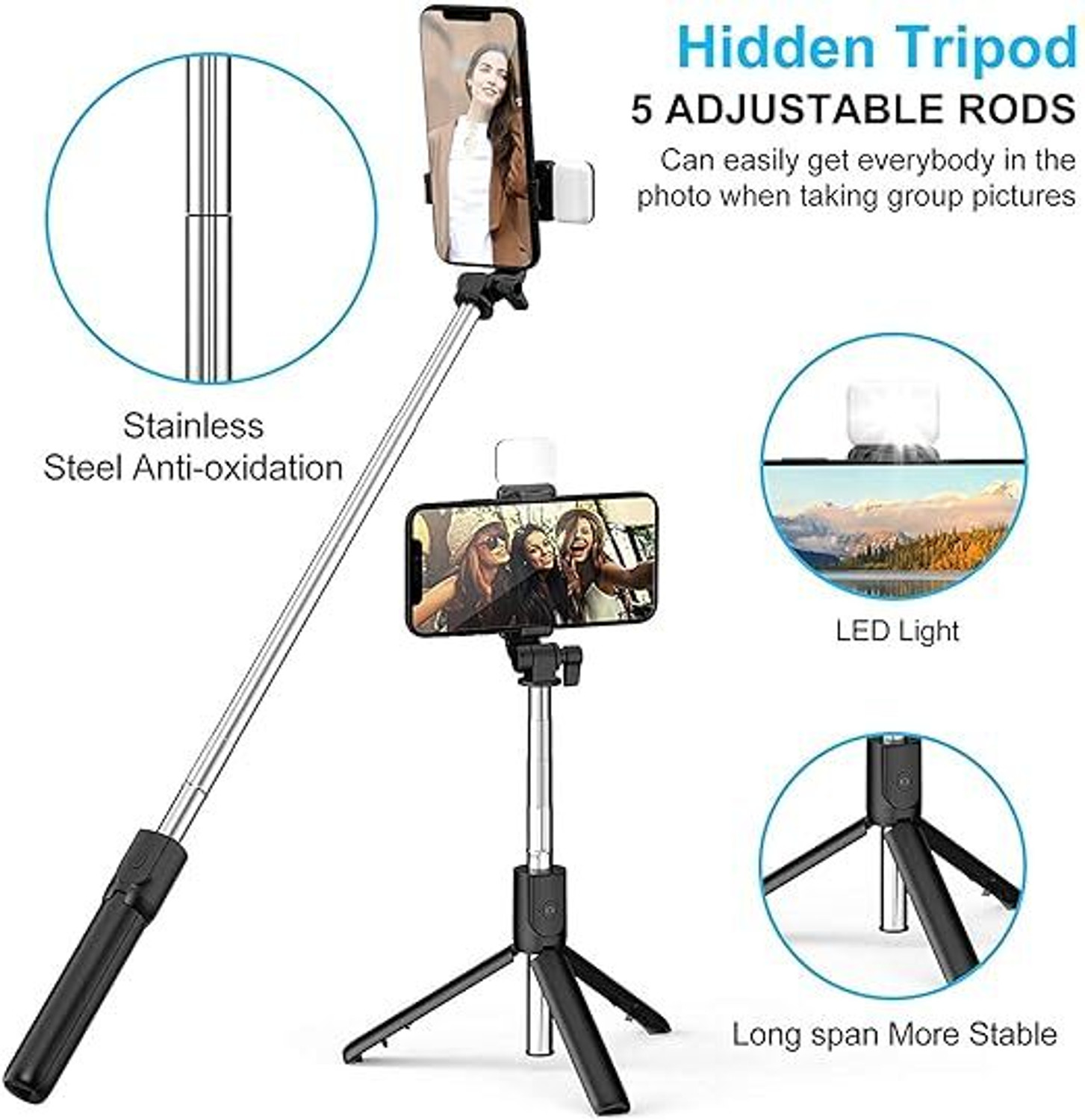 Image of Sconzi Selfie Stick Tripod R1S 114cm expandable Tripod Bluetooth Remote Tripod, Monopod Kit, Tripod Kit