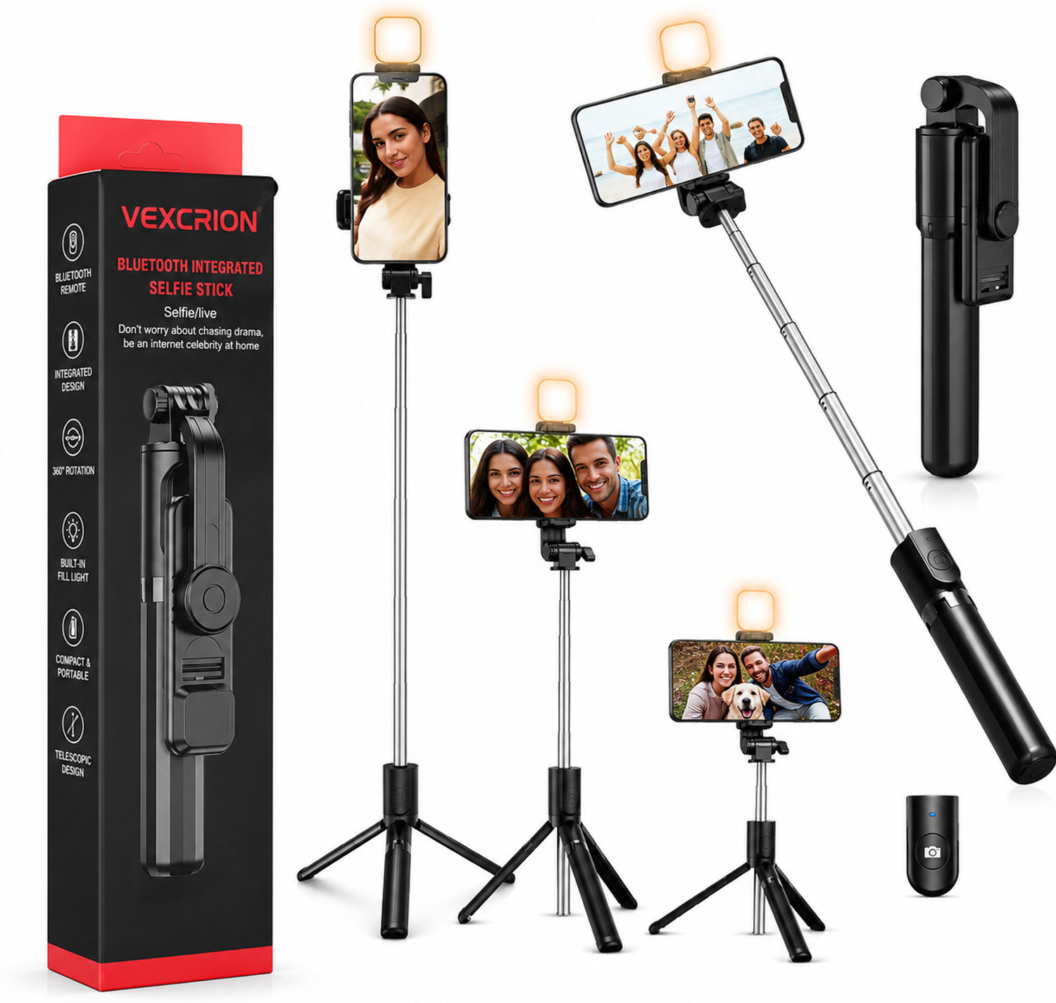 Image of Vexcrion Wireless Bluetooth Selfie Stick with Tripod Stand, Fill Light & Remote Control, Extendable 360 Rotation Selfie Monopod for Android & iOS Smartphones Bluetooth Selfie Stick