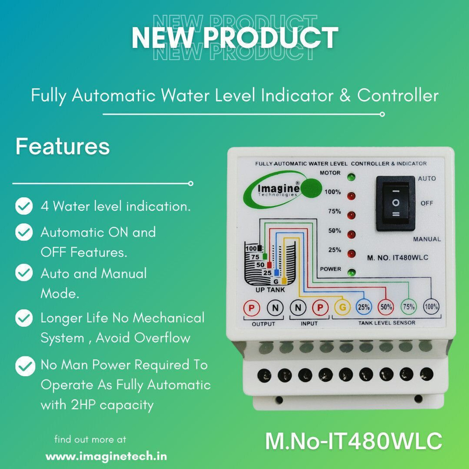 Image of Imagine Technologies Fully Automatic Water Level Controller With 25%,50%,75%,100% Level Indicator Wired Sensor Security System