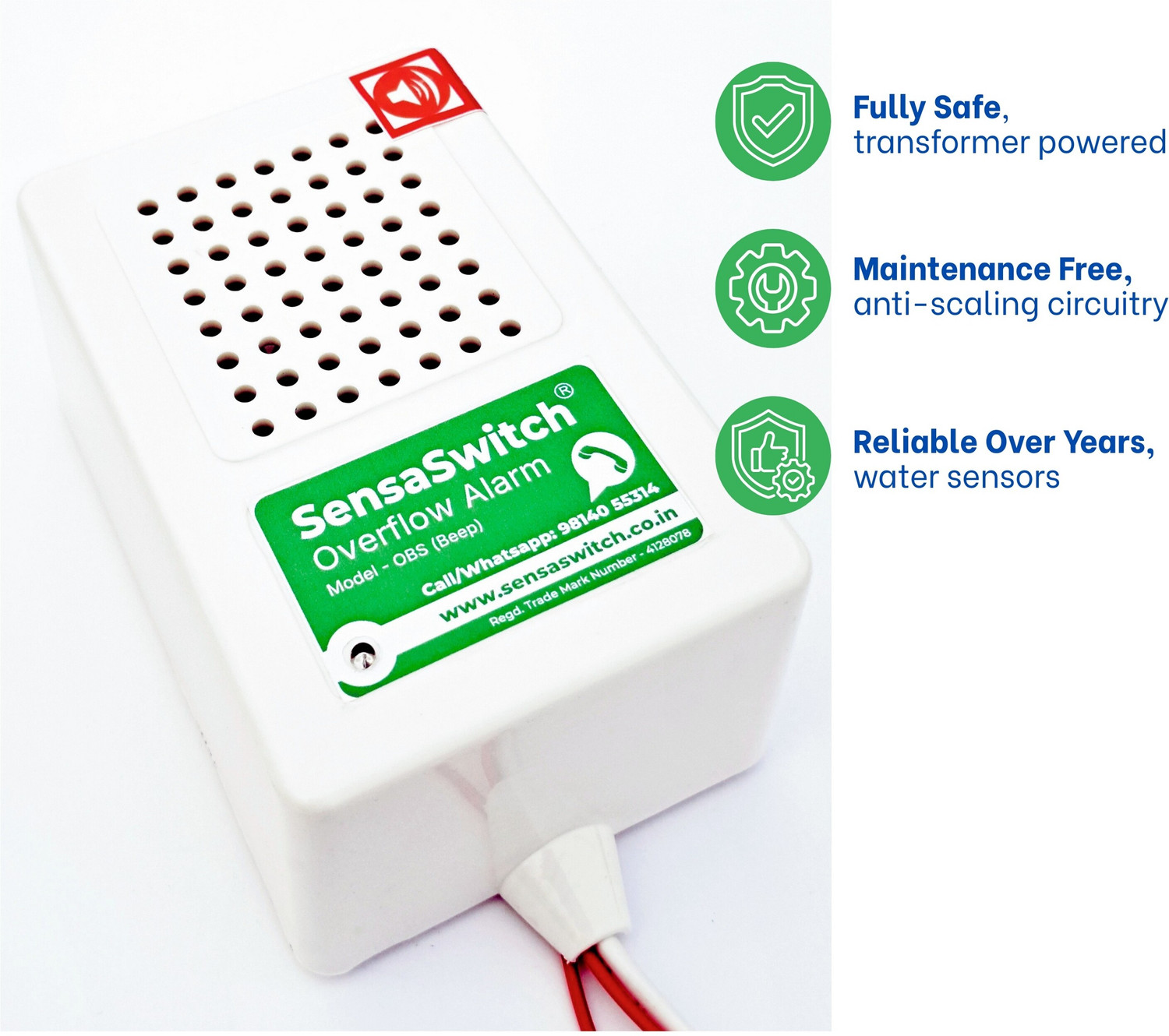 Image of SensaSwitch Water Tank Overflow Beep Alarm Bell Model-OBS, Water Sensor & 90 Feet Wire Roll Wired Sensor Security System