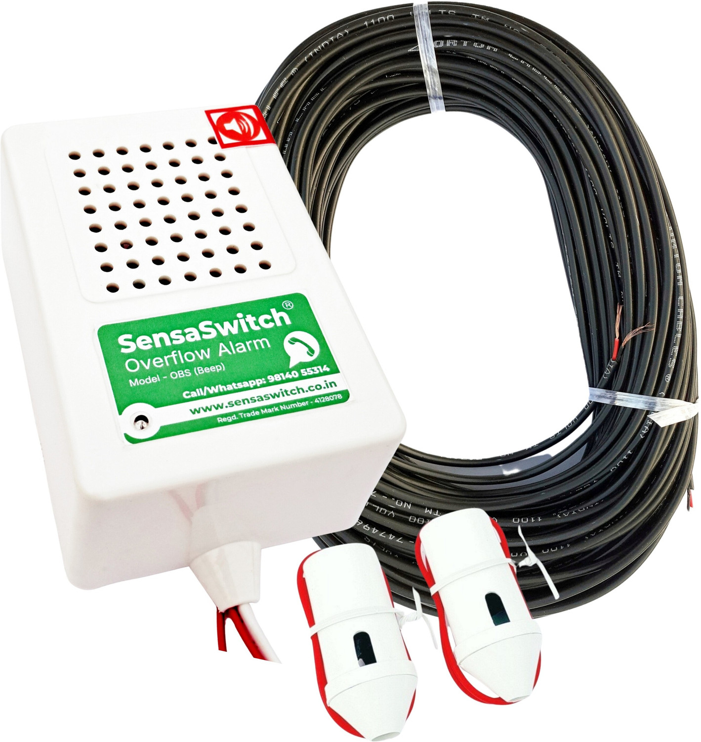 Image of SensaSwitch Water Tank Overflow Beep Alarm Bell Model-OBS, Water Sensor & 90 Feet Wire Roll Wired Sensor Security System