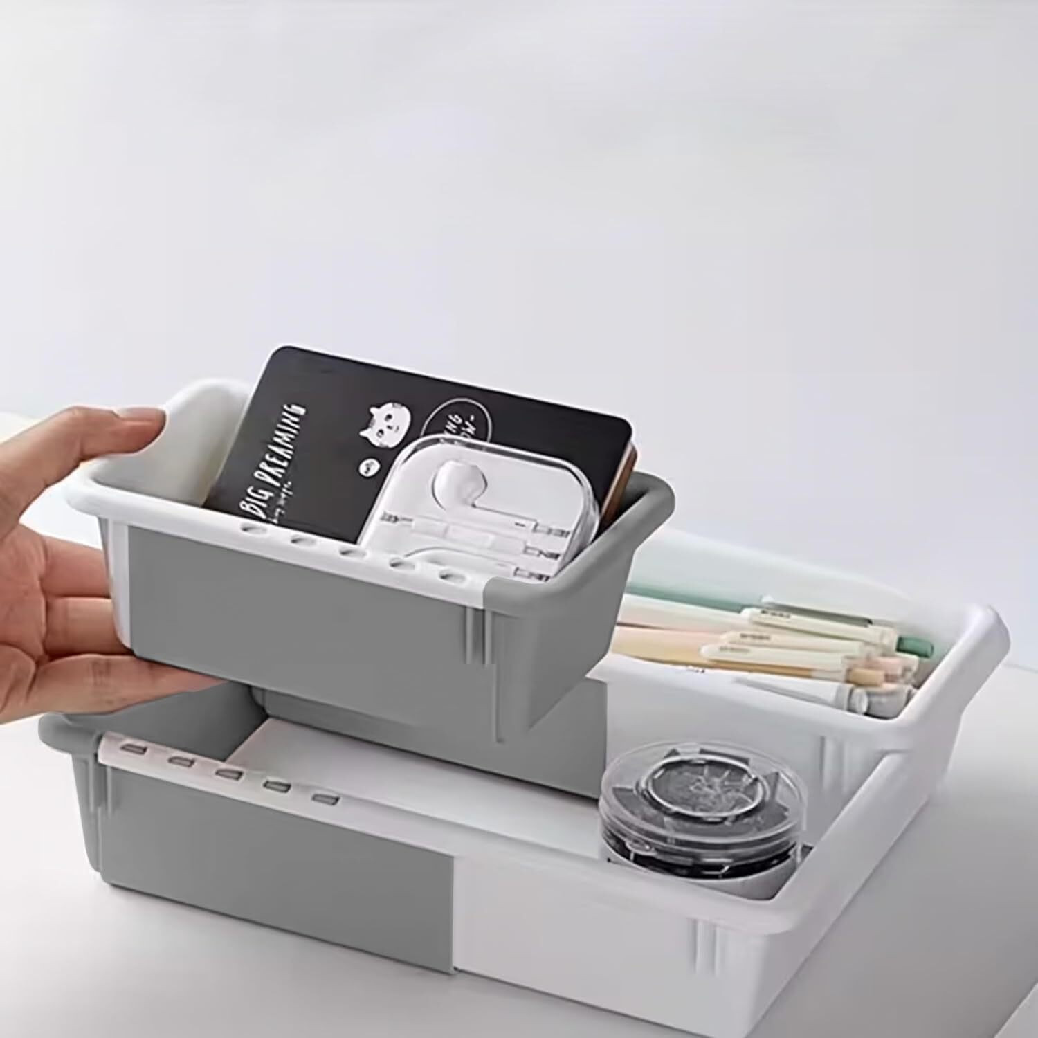 Image of AK10ZONE Plastic Adjustable Expandable Plastic Drawer Organizer Tray Set Storage Basket